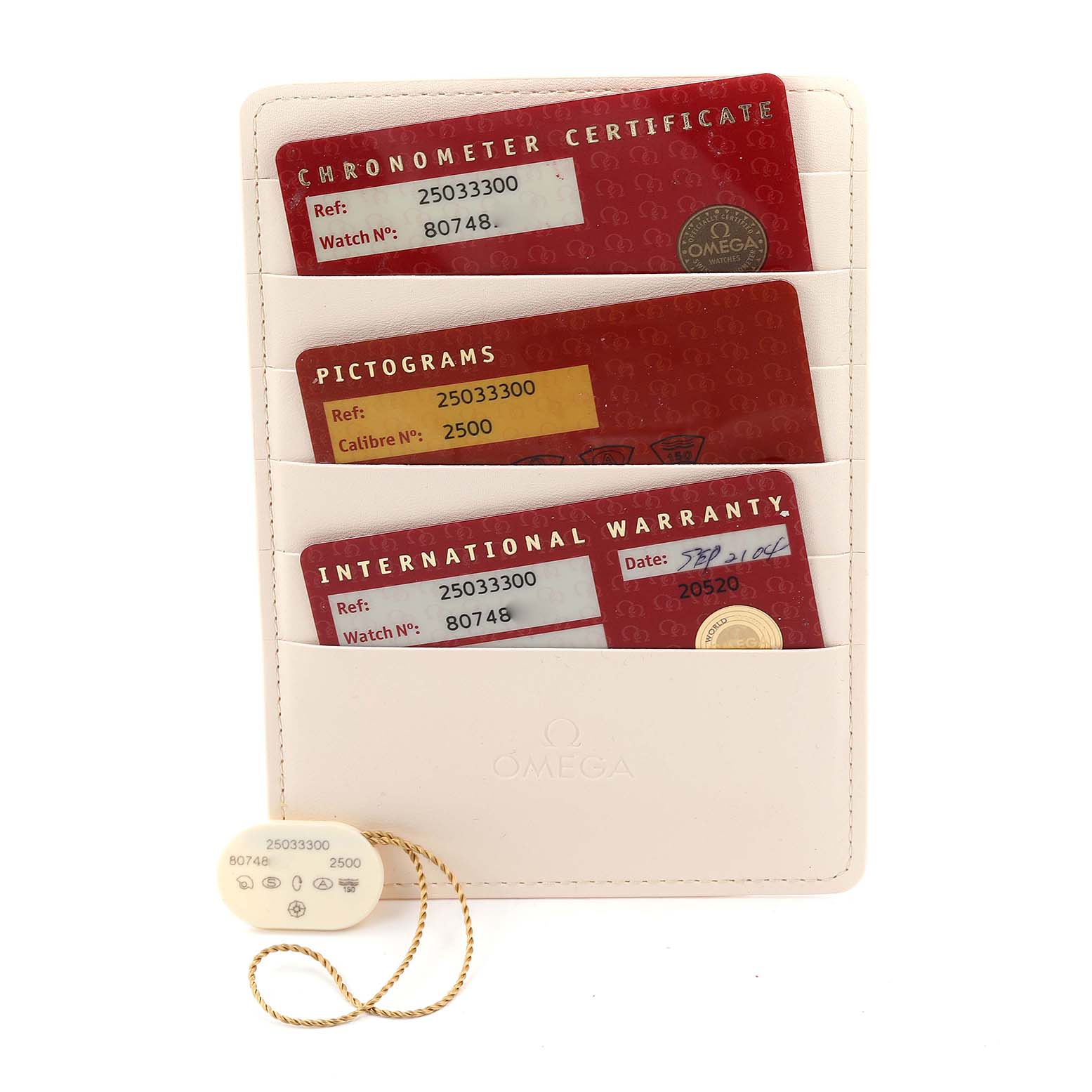 The image shows Omega Aqua Terra 2503.33.00 Men's Stainless Steel Silver Dial 2503.33.00 Men's Stainless Steel Silver Dial cards, including a Chronometer Certificate, Pictogram, and International Warranty, in a white holder with a hang tag.