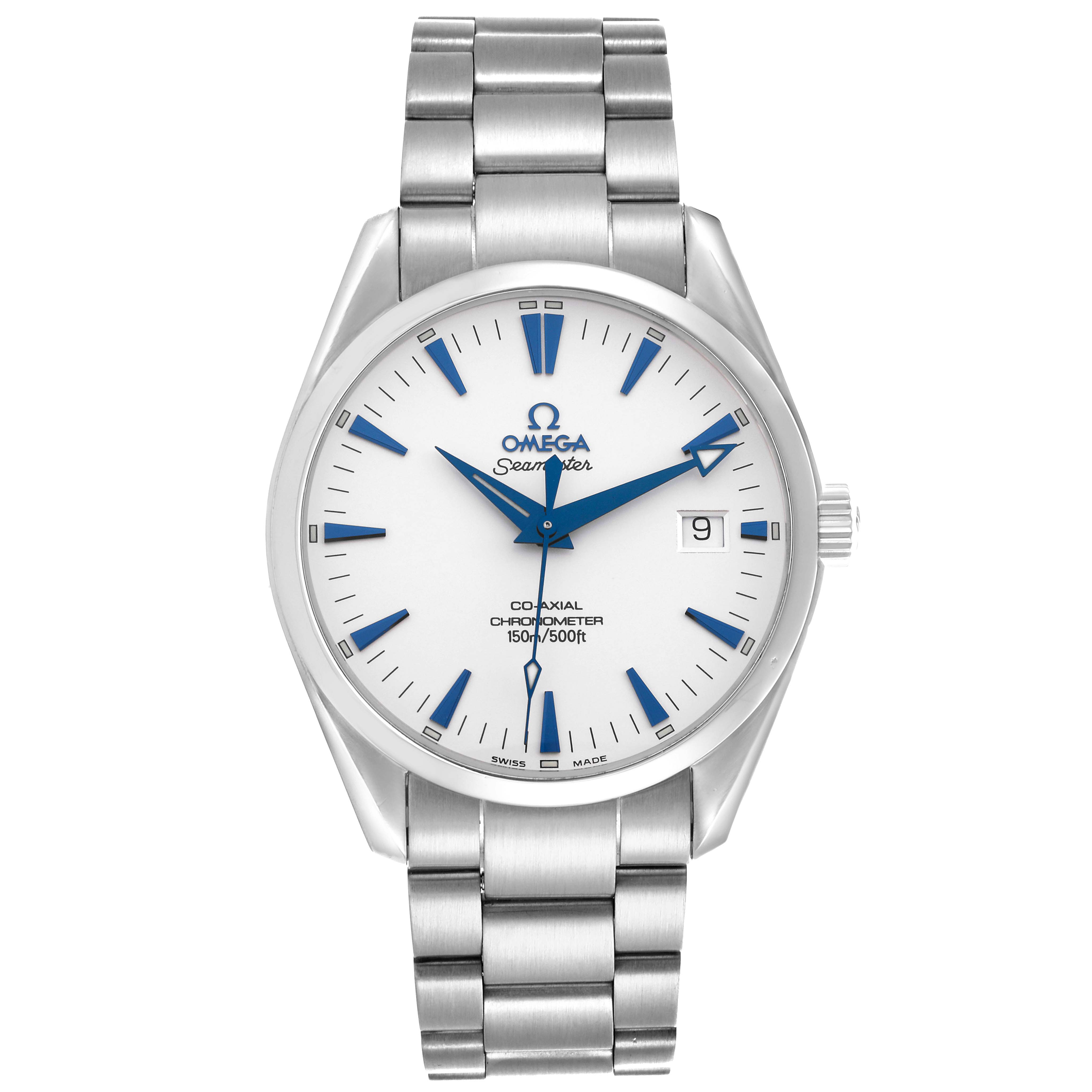 The Omega Aqua Terra 2503.33.00 Men's Stainless Steel Silver Dial 2503.33.00 Men's Stainless Steel Silver Dial watch is shown from the front, displaying the dial, hands, indices, bracelet, and crown.