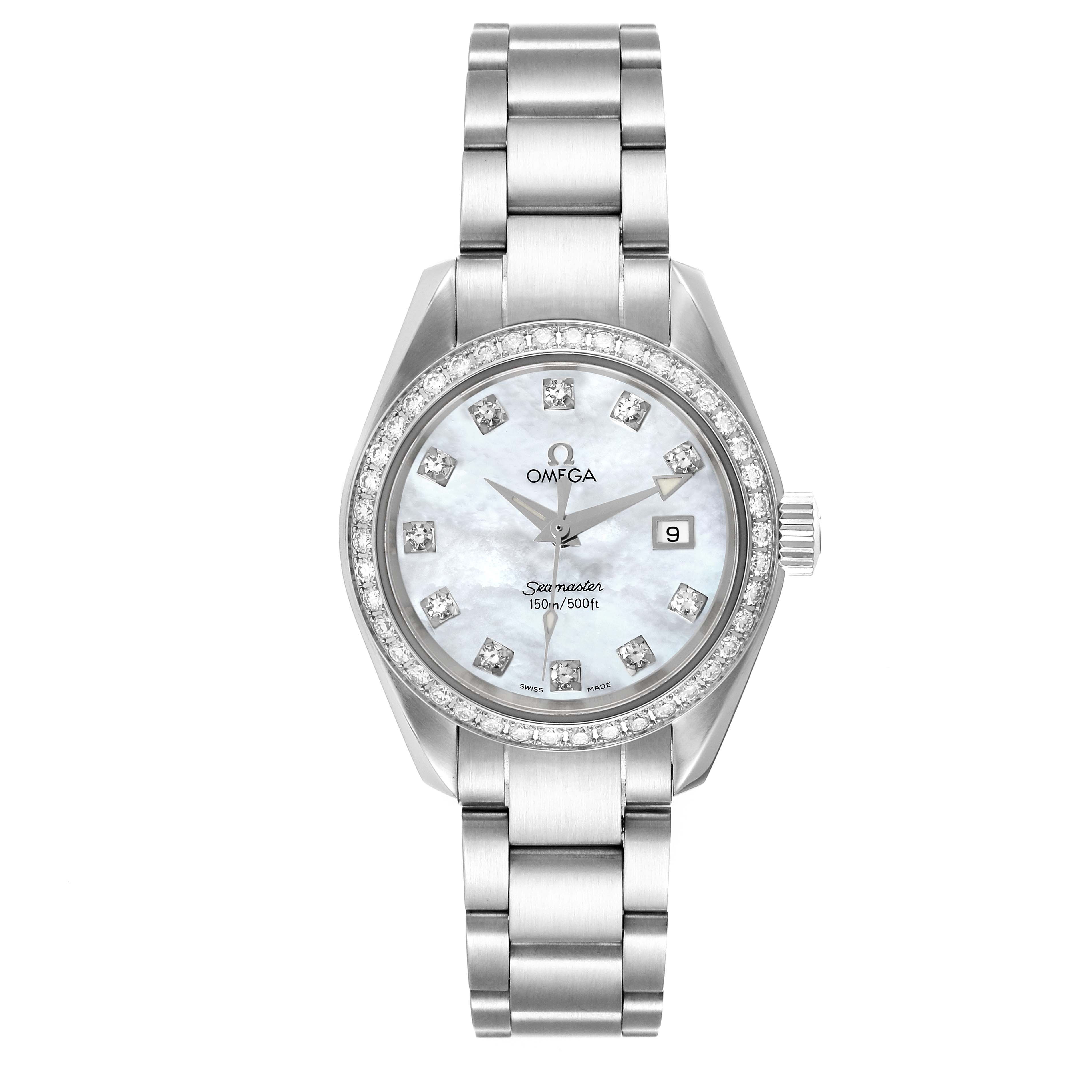 The image shows a front view of the Omega 2579.75.00 Women
s Stainless Steel Mother of Pearl Dial 2579.75.00 Women
s Stainless Steel Mother of Pearl Dial Seamaster Aqua Terra Mother of Pearl Diamond Steel Ladies Watch, model 2579.75.00.