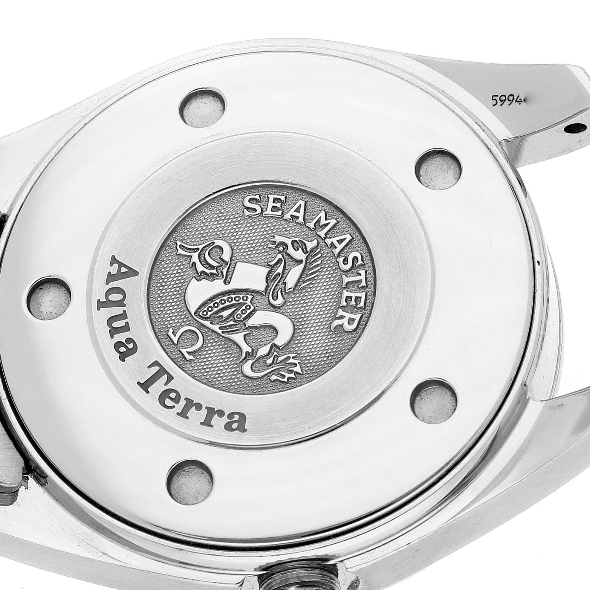 The image displays the case back of an Omega 2579.75.00 Women
s Stainless Steel Mother of Pearl Dial 2579.75.00 Women
s Stainless Steel Mother of Pearl Dial Seamaster Aqua Terra Mother of Pearl Diamond Steel Ladies Watch 2579.75.00.