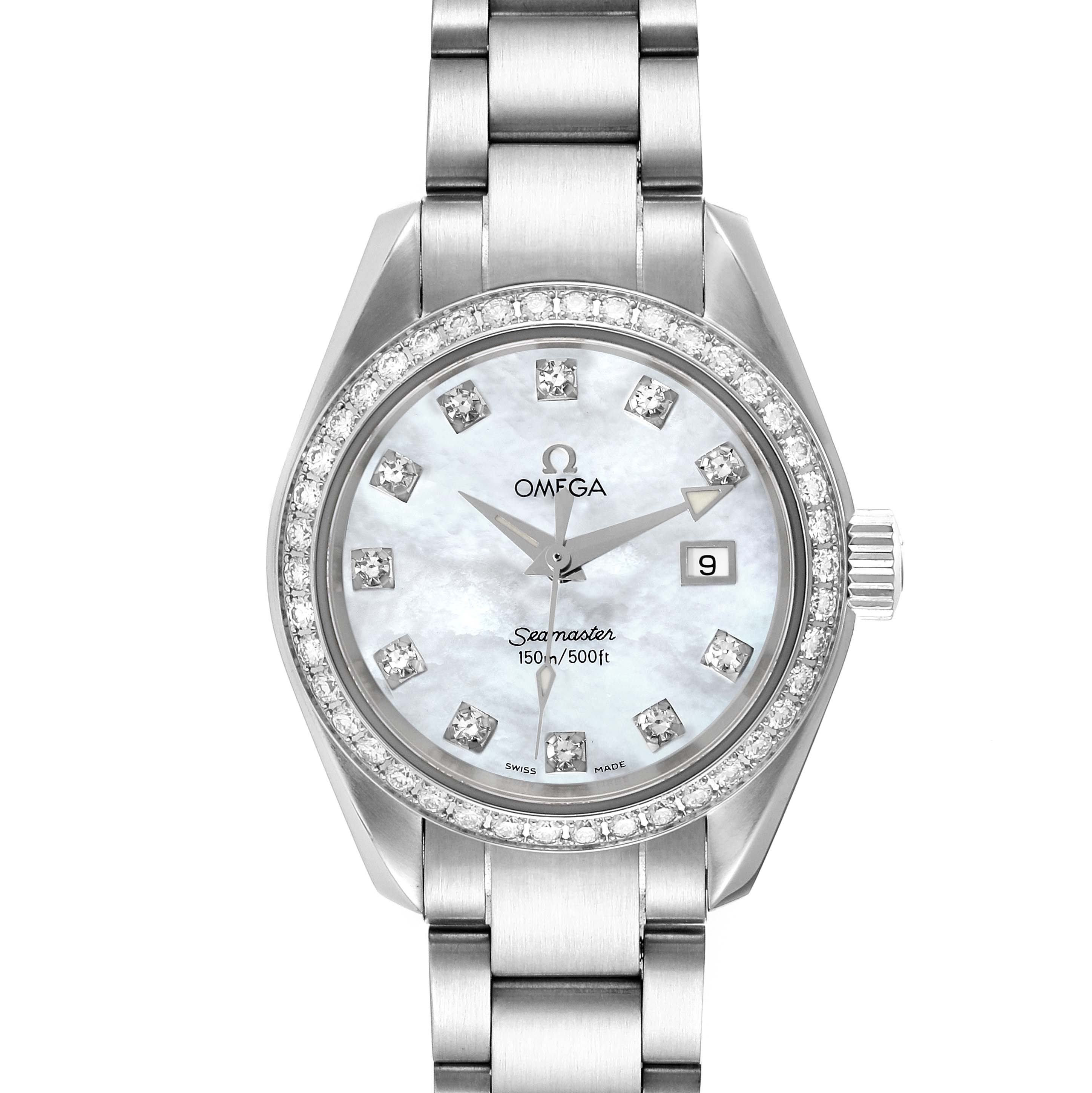 The Omega 2579.75.00 Women
s Stainless Steel Mother of Pearl Dial 2579.75.00 Women
s Stainless Steel Mother of Pearl Dial Seamaster Aqua Terra 2579.75.00 Ladies Watch is shown from a frontal view, highlighting its mother-of-pearl dial, diamond markers, and steel bracelet.
