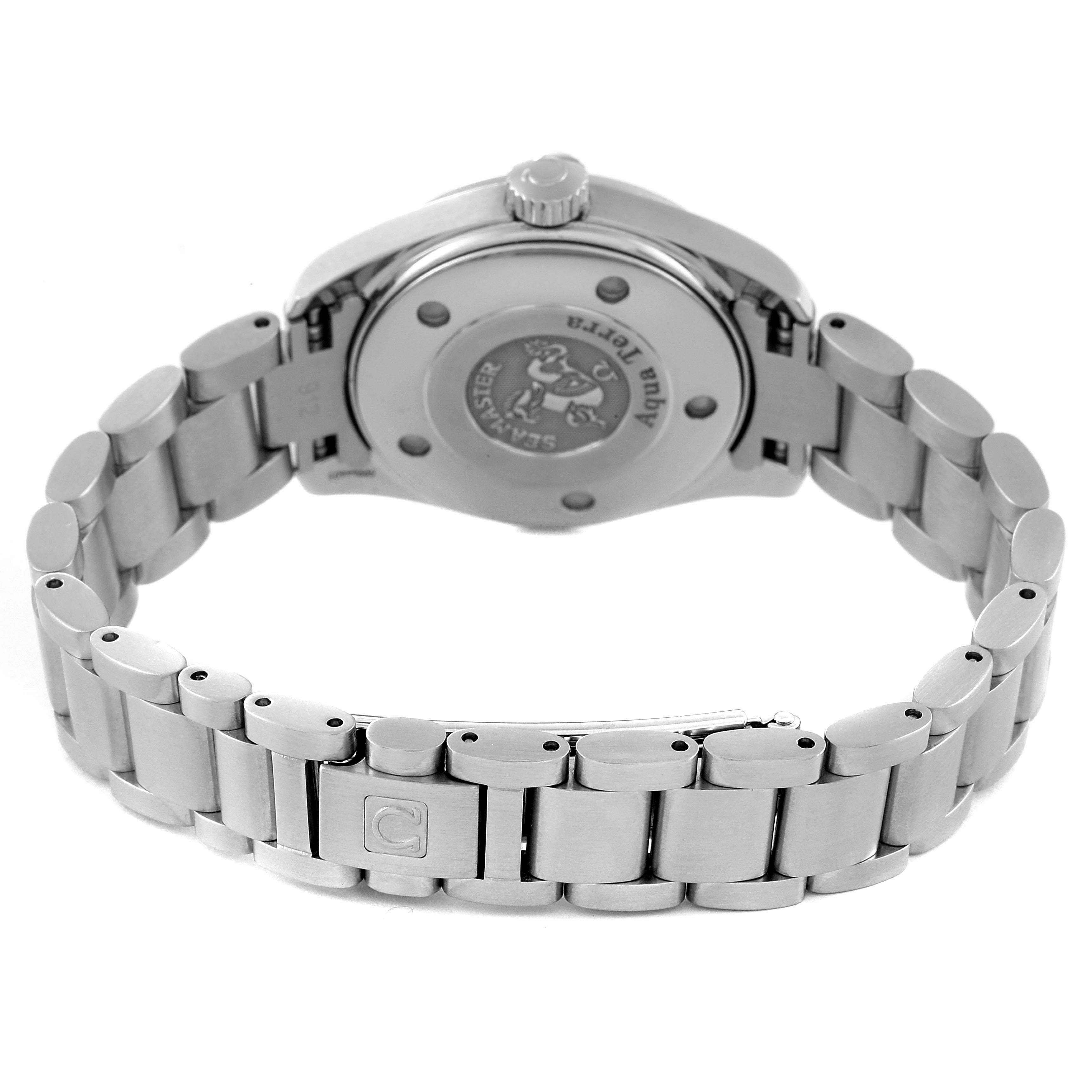 This image shows the back and bracelet of the Omega 2579.75.00 Women
s Stainless Steel Mother of Pearl Dial 2579.75.00 Women
s Stainless Steel Mother of Pearl Dial Seamaster Aqua Terra Mother of Pearl Diamond Steel Ladies Watch 2579.75.00.