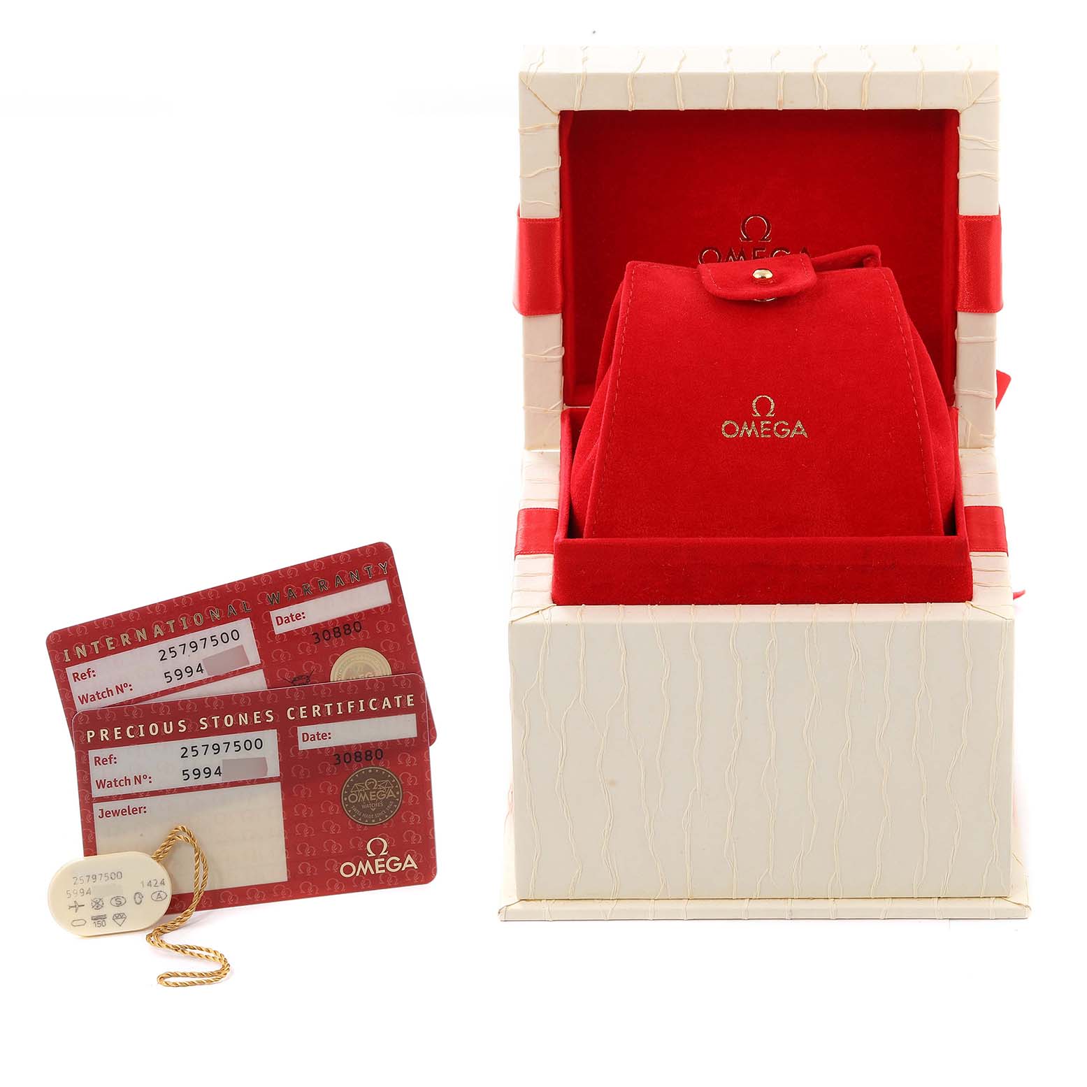 The image shows the box, card, and tags for the Omega 2579.75.00 Women
s Stainless Steel Mother of Pearl Dial 2579.75.00 Women
s Stainless Steel Mother of Pearl Dial Seamaster Aqua Terra Mother of Pearl Diamond Steel Ladies Watch 2579.75.00.