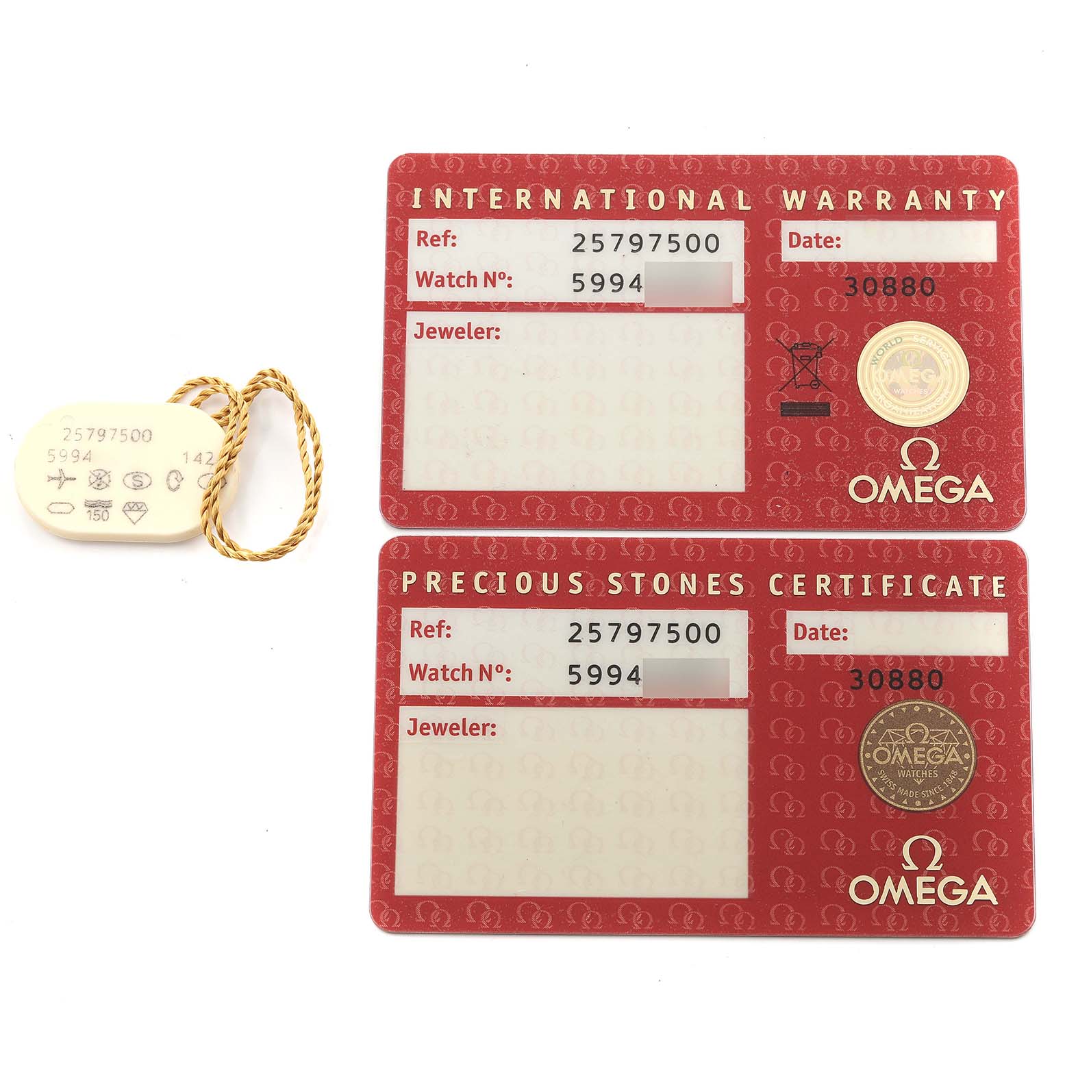 The image shows the International Warranty and Precious Stones Certificate cards for the Omega 2579.75.00 Women
s Stainless Steel Mother of Pearl Dial 2579.75.00 Women
s Stainless Steel Mother of Pearl Dial Seamaster Aqua Terra 2579.75.00 watch.