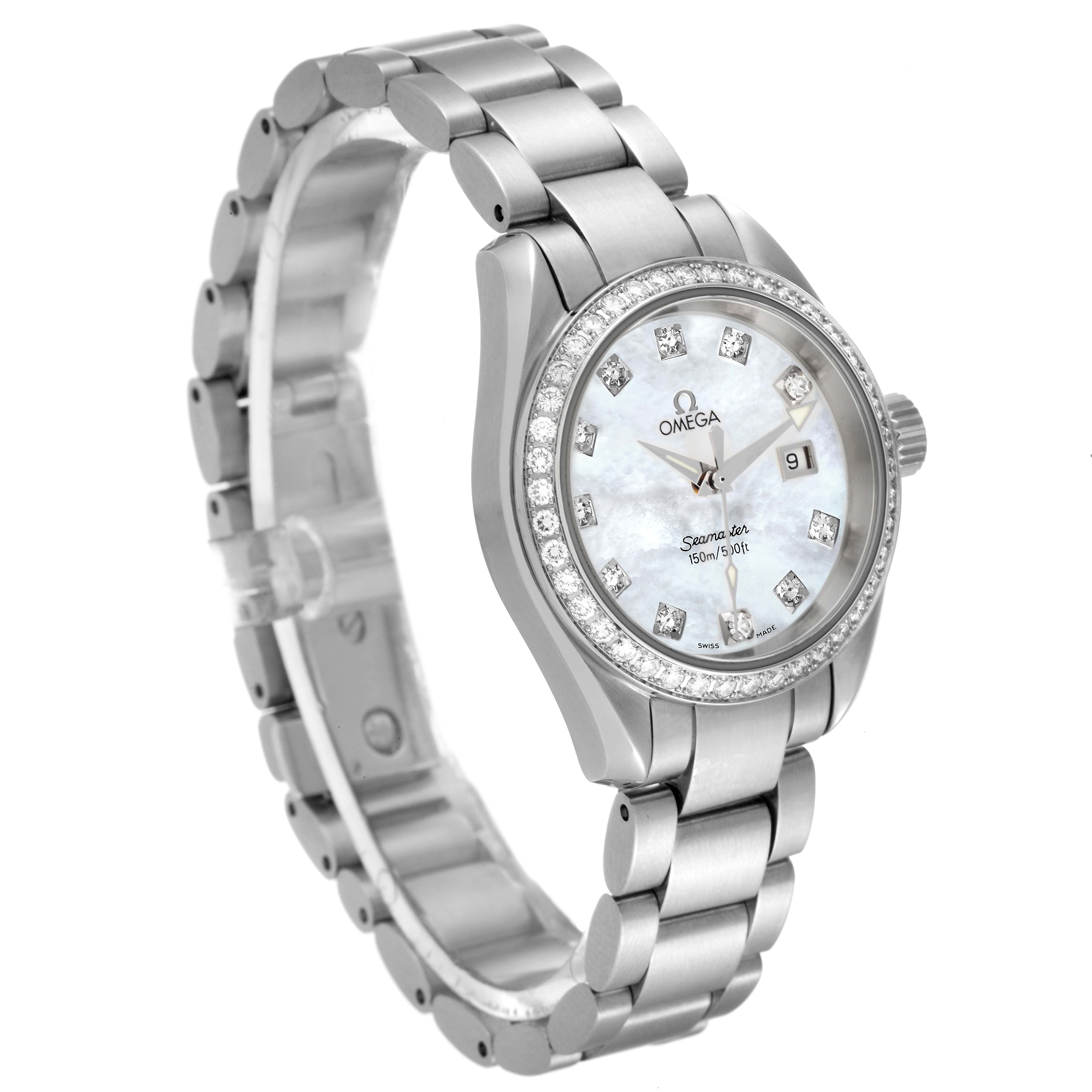This image shows the Omega 2579.75.00 Women
s Stainless Steel Mother of Pearl Dial 2579.75.00 Women
s Stainless Steel Mother of Pearl Dial Seamaster Aqua Terra 2579.75.00 watch from a front-left angle, highlighting the dial, bezel, and bracelet.