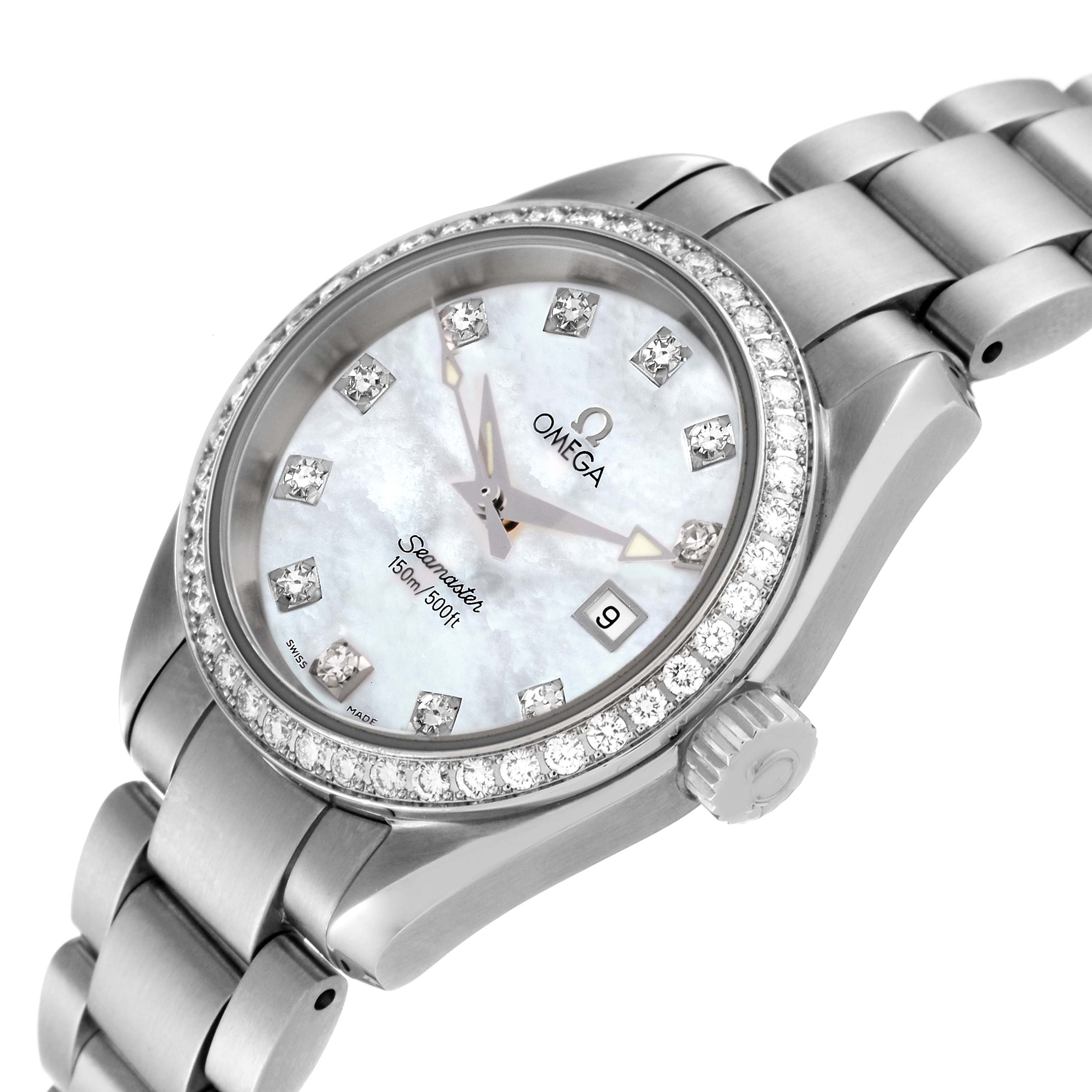 The image shows a close-up angle of the Omega 2579.75.00 Women
s Stainless Steel Mother of Pearl Dial 2579.75.00 Women
s Stainless Steel Mother of Pearl Dial Seamaster Aqua Terra Mother of Pearl Diamond Steel Ladies Watch 2579.75.00.