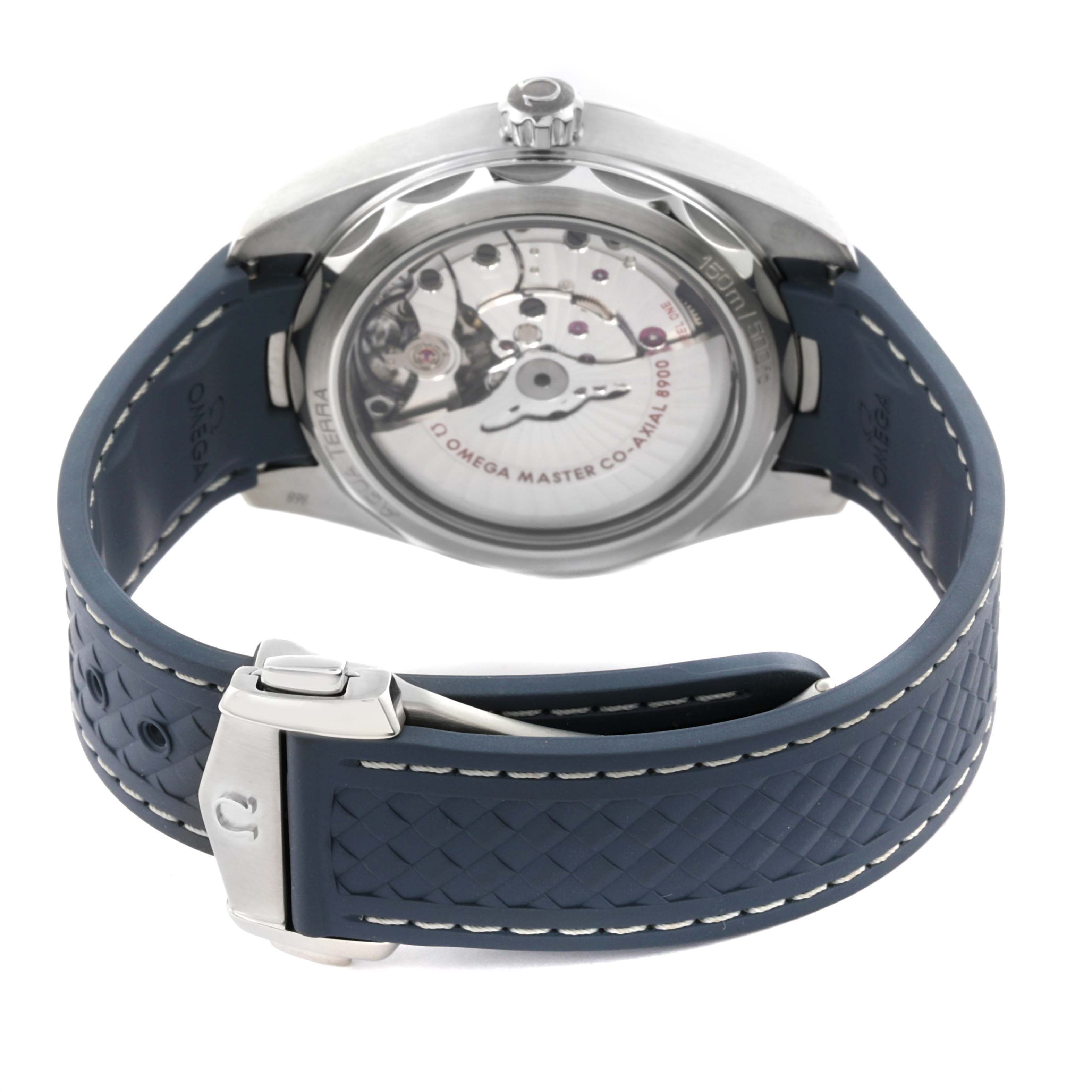 The Omega Aqua Terra 220.12.41.21.03.002 Men
s Stainless Steel Blue Dial 220.12.41.21.03.002 Men
s Stainless Steel Blue Dial watch is shown from the back, displaying the movement and part of the blue strap with a clasp.
