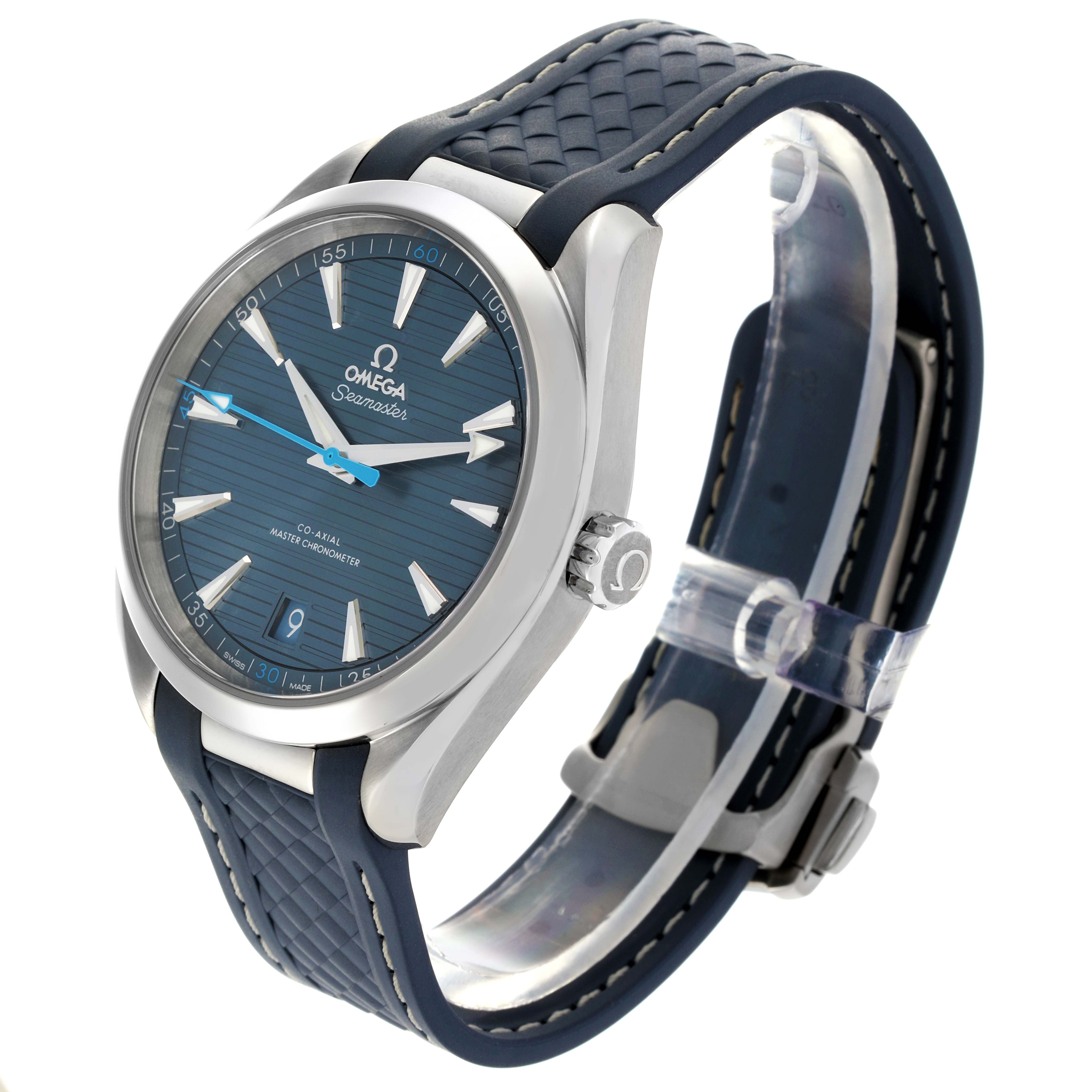 The Omega Aqua Terra 220.12.41.21.03.002 Men
s Stainless Steel Blue Dial 220.12.41.21.03.002 Men
s Stainless Steel Blue Dial watch is shown at a three-quarter angle, highlighting the dial, case, crown, and strap.