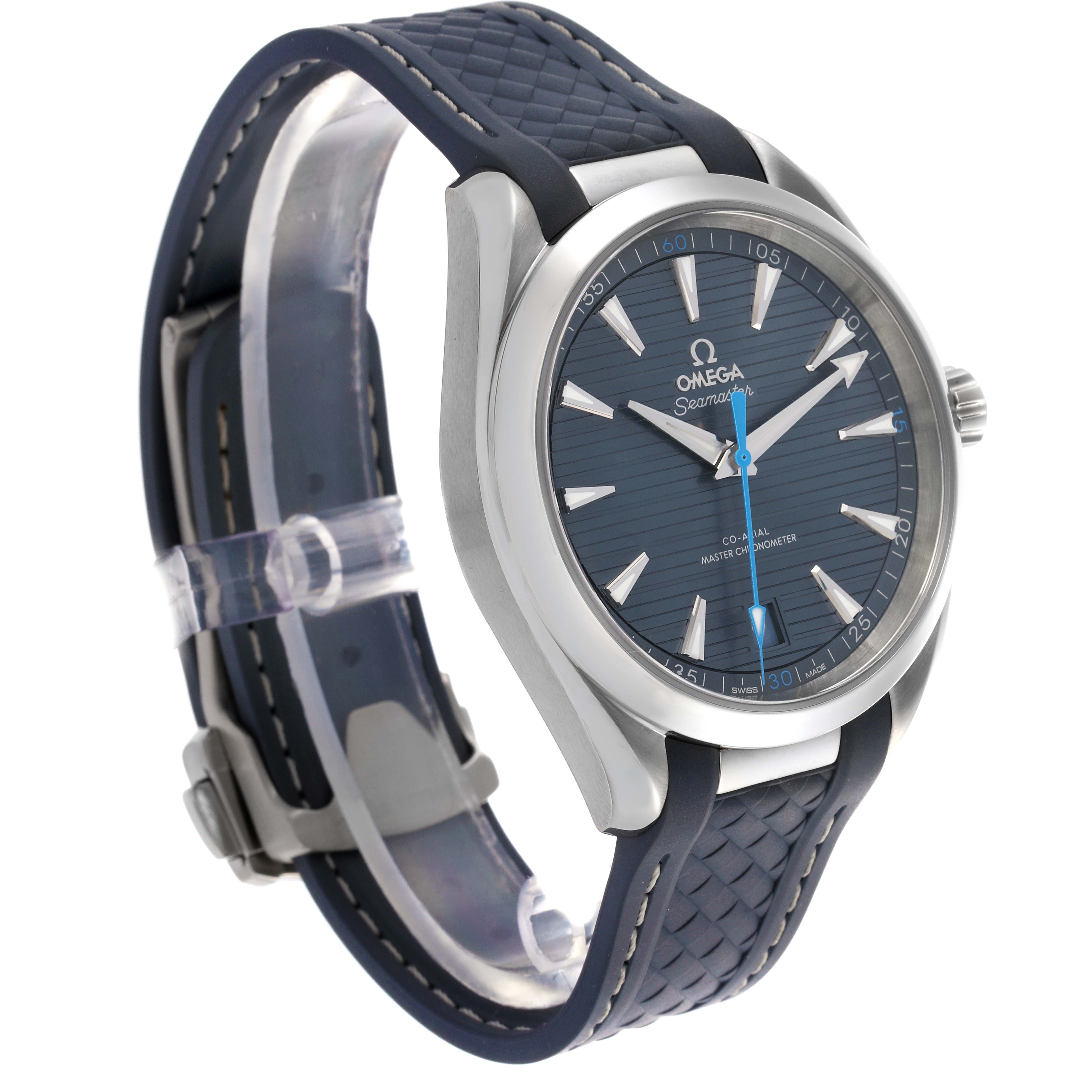 The Omega Aqua Terra 220.12.41.21.03.002 Men
s Stainless Steel Blue Dial 220.12.41.21.03.002 Men
s Stainless Steel Blue Dial watch is shown at a slight angle, highlighting the face, bezel, and textured strap with a clasp.