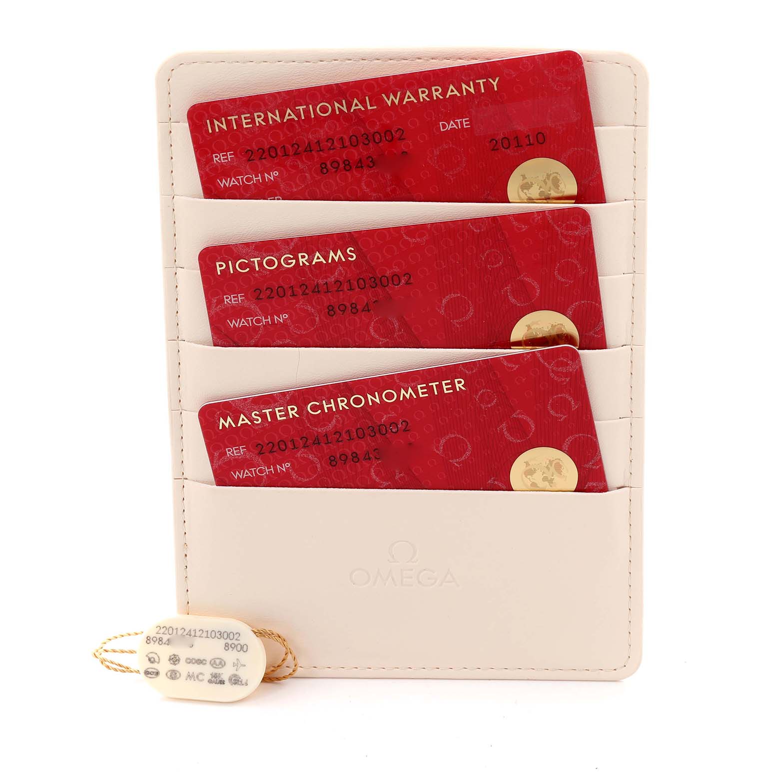 The image shows the warranty cards and tags for an Omega Aqua Terra 220.12.41.21.03.002 Men
s Stainless Steel Blue Dial 220.12.41.21.03.002 Men
s Stainless Steel Blue Dial watch, displayed in a cardholder.