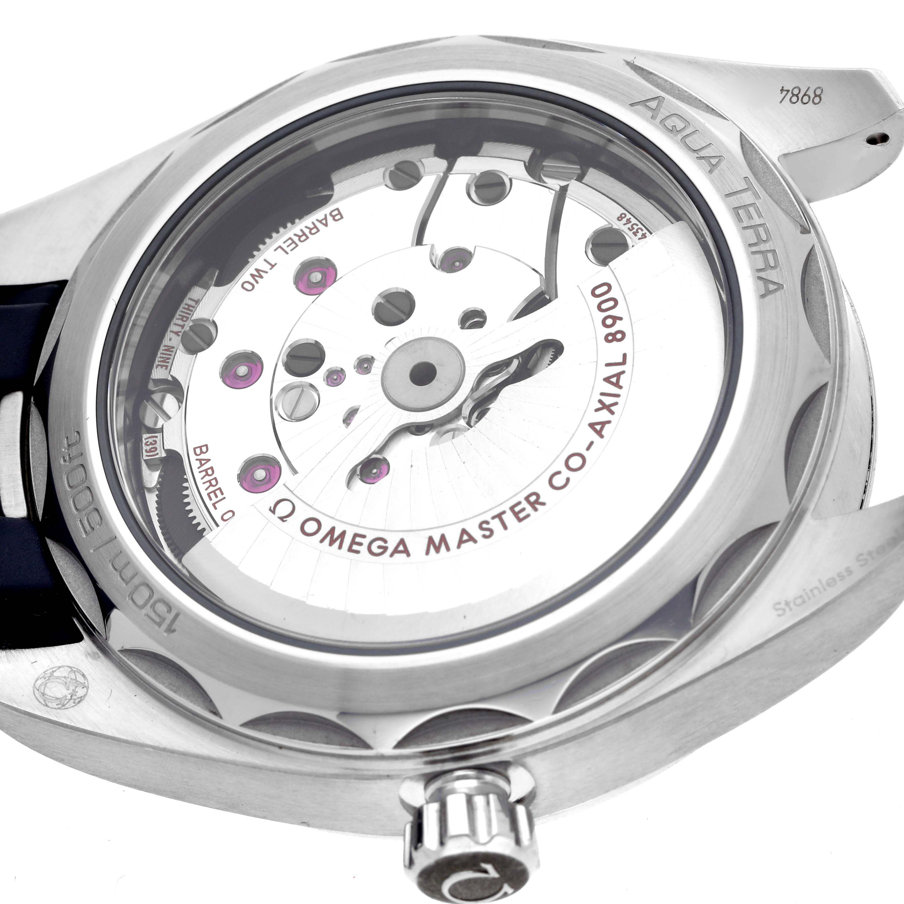 The image shows the back of the Omega Aqua Terra 220.12.41.21.03.002 Men
s Stainless Steel Blue Dial 220.12.41.21.03.002 Men
s Stainless Steel Blue Dial, highlighting its movement through a transparent case back.