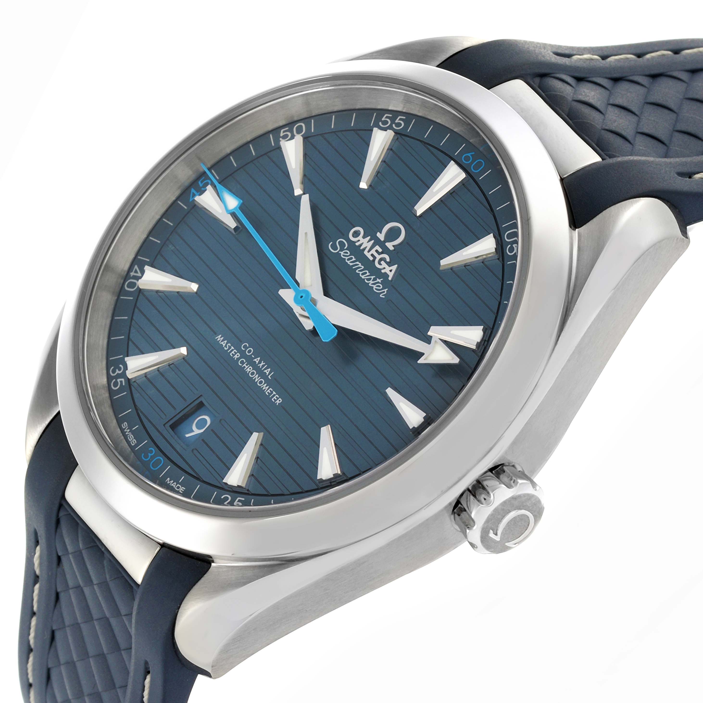 The Omega Aqua Terra 220.12.41.21.03.002 Men
s Stainless Steel Blue Dial 220.12.41.21.03.002 Men
s Stainless Steel Blue Dial watch is shown at a three-quarter angle, highlighting the dial, bezel, crown, and strap.