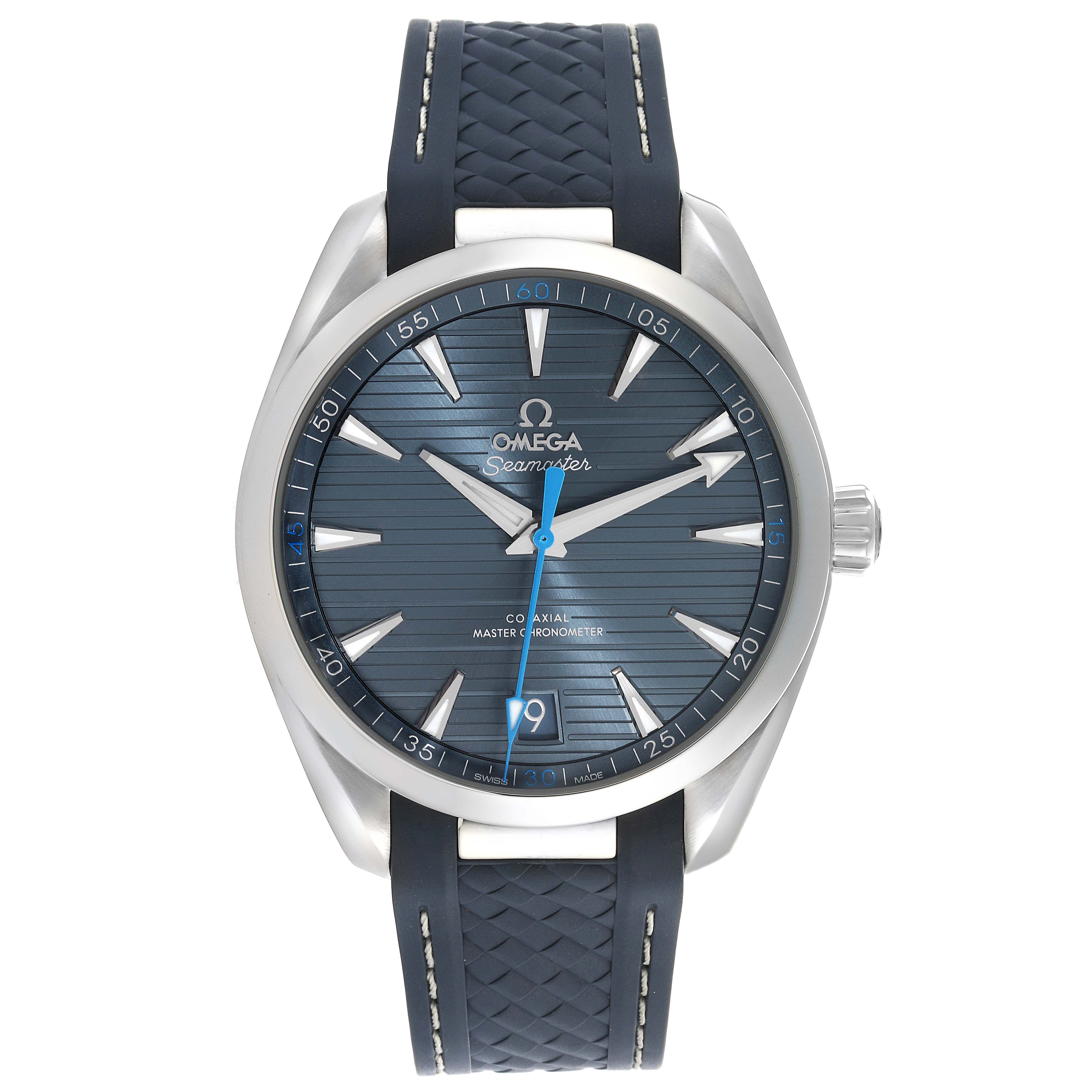 The image shows a front view of the Omega Aqua Terra 220.12.41.21.03.002 Men
s Stainless Steel Blue Dial 220.12.41.21.03.002 Men
s Stainless Steel Blue Dial watch, featuring its dial, bezel, case, strap, and crown.