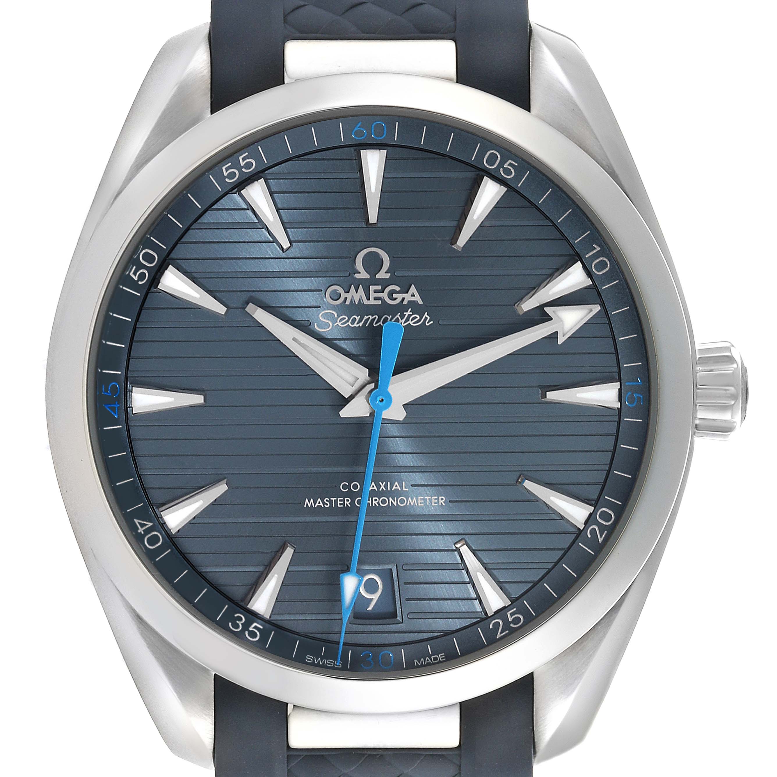 The Omega Aqua Terra 220.12.41.21.03.002 Men
s Stainless Steel Blue Dial 220.12.41.21.03.002 Men
s Stainless Steel Blue Dial watch is shown from the front, displaying the dial, hands, bezel, and part of the strap.
