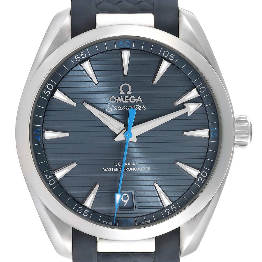 The Omega Aqua Terra watch is shown from the front, displaying the dial, hands, bezel, and part of the strap.