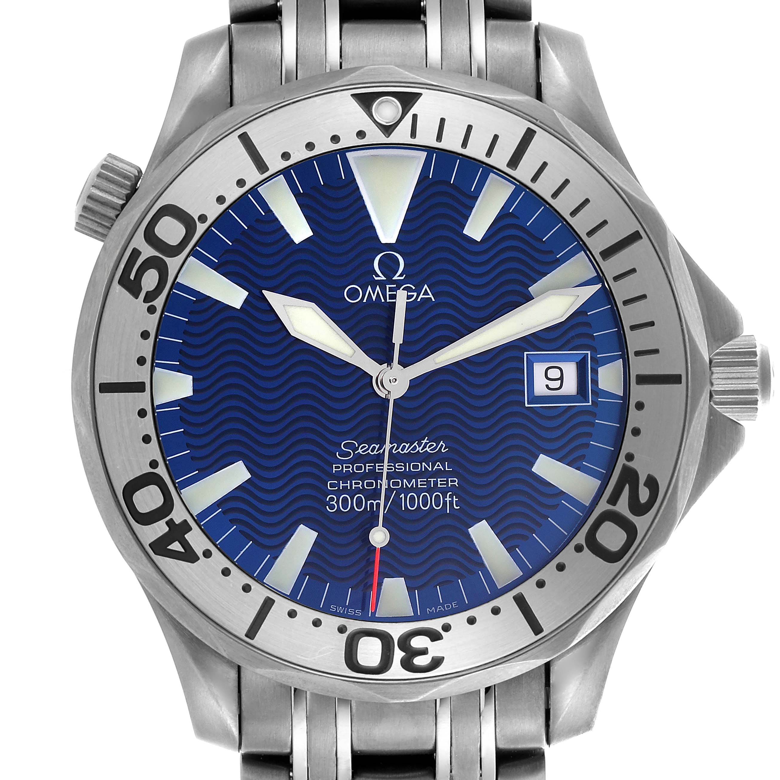 The image shows a front view of an Omega Seamaster 2231.80.00 Men
s Titanium Blue Dial 2231.80.00 Men
s Titanium Blue Dial watch, highlighting the blue dial, bezel, and part of the stainless steel bracelet.