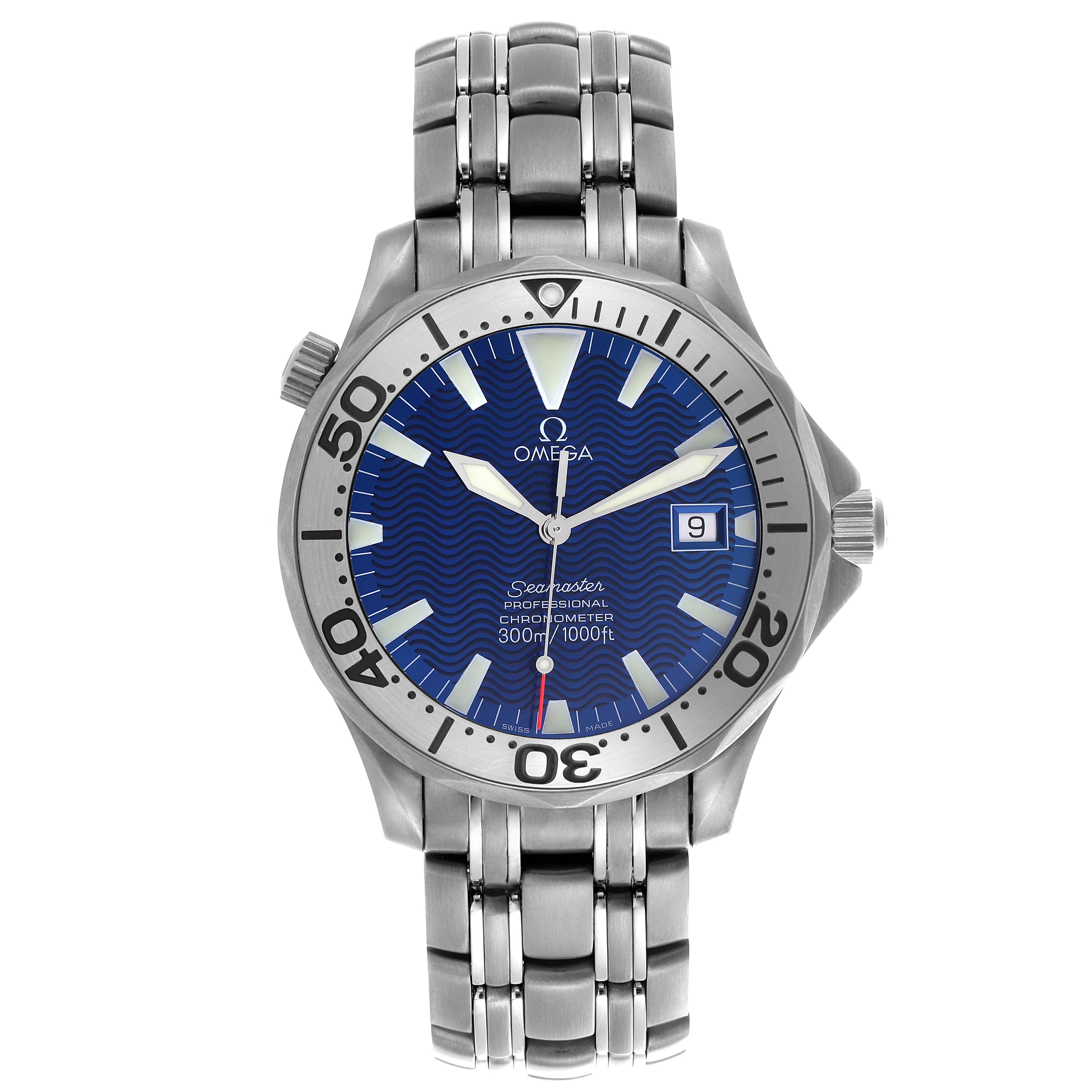 The Omega Seamaster 2231.80.00 Men
s Titanium Blue Dial 2231.80.00 Men
s Titanium Blue Dial watch is shown from a top-down angle, highlighting the face, bezel, and part of the bracelet.