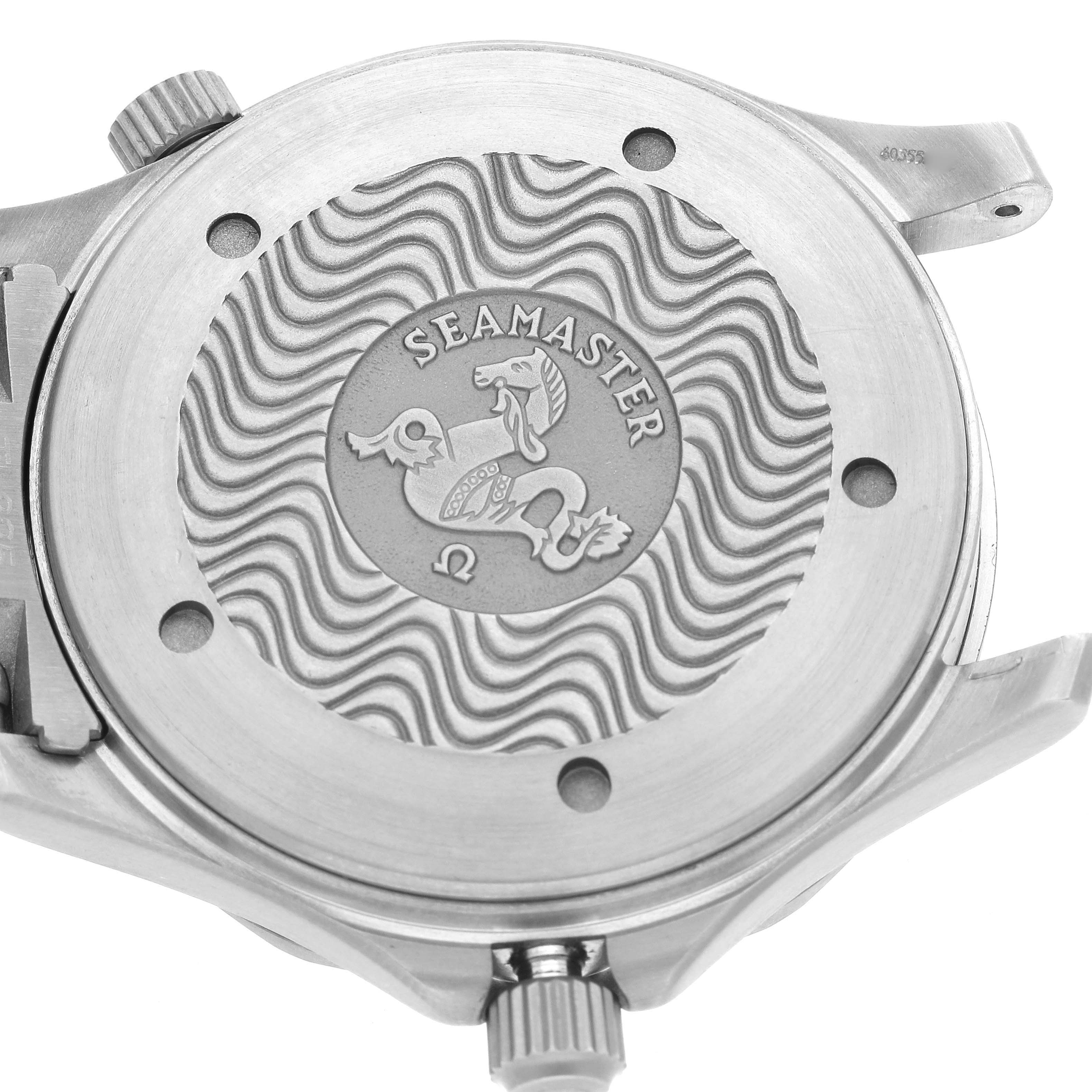 The image shows the back of the Omega Seamaster 2231.80.00 Men
s Titanium Blue Dial 2231.80.00 Men
s Titanium Blue Dial watch with its engraved case back design.