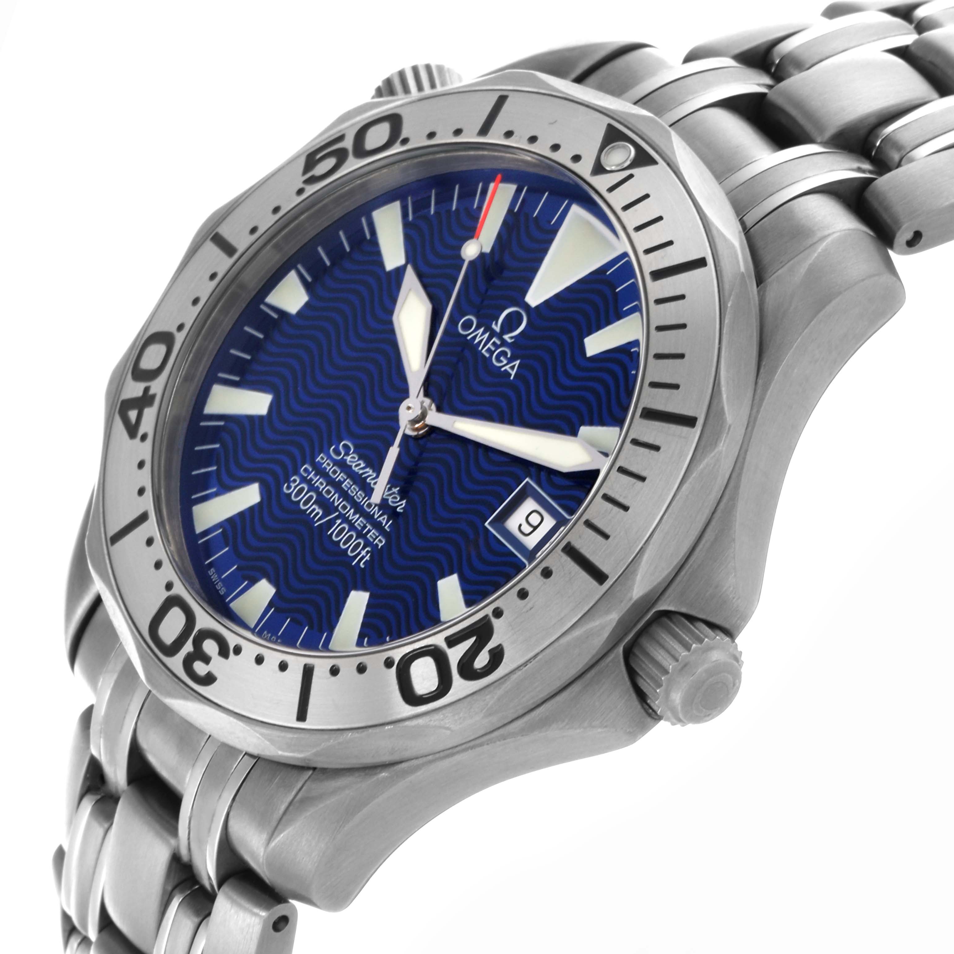 The Omega Seamaster 2231.80.00 Men
s Titanium Blue Dial 2231.80.00 Men
s Titanium Blue Dial watch is shown at a slight side angle, highlighting the dial, bezel, and part of the bracelet.