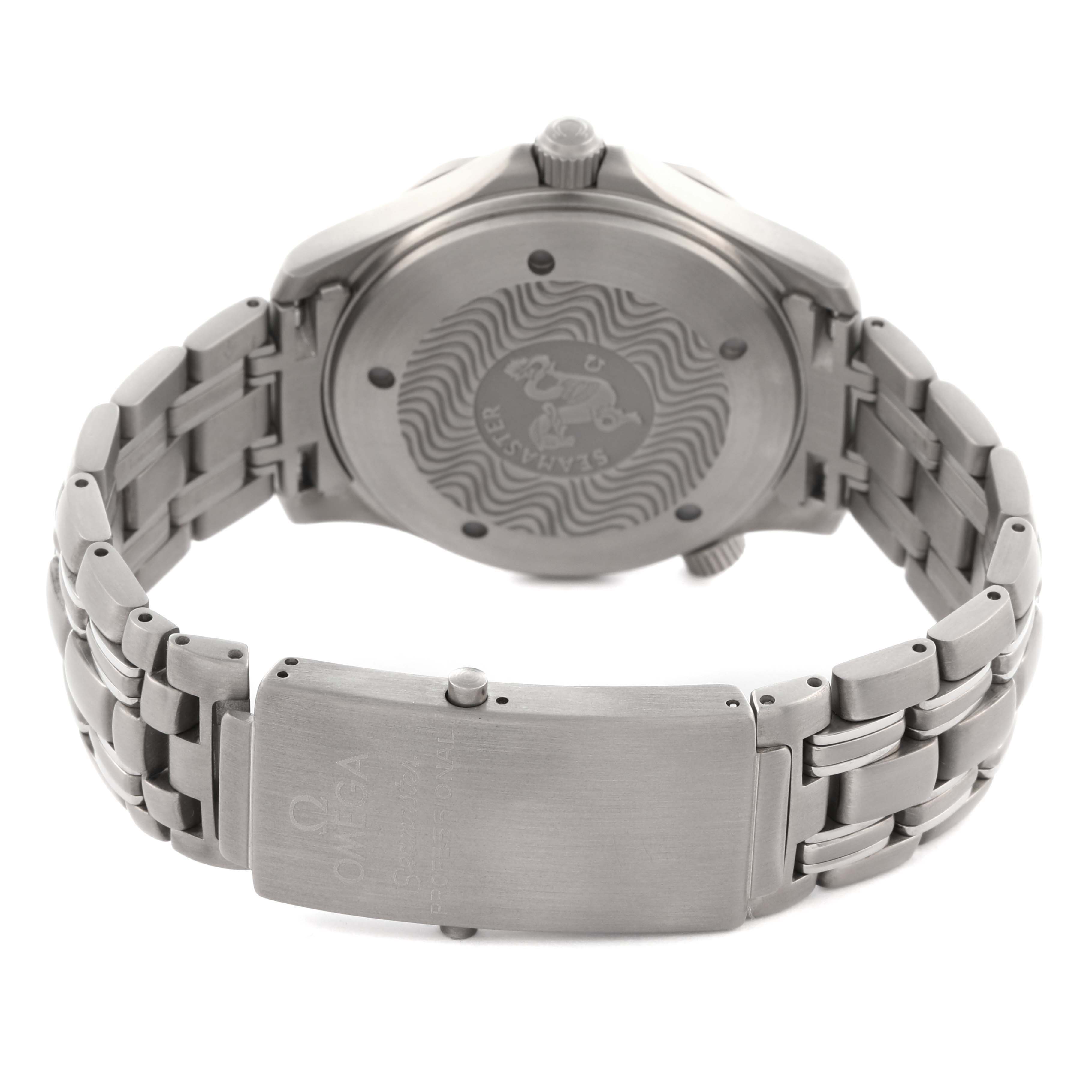 The image shows the back case, clasp, and bracelet of an Omega Seamaster 2231.80.00 Men
s Titanium Blue Dial 2231.80.00 Men
s Titanium Blue Dial watch from a rear angle.