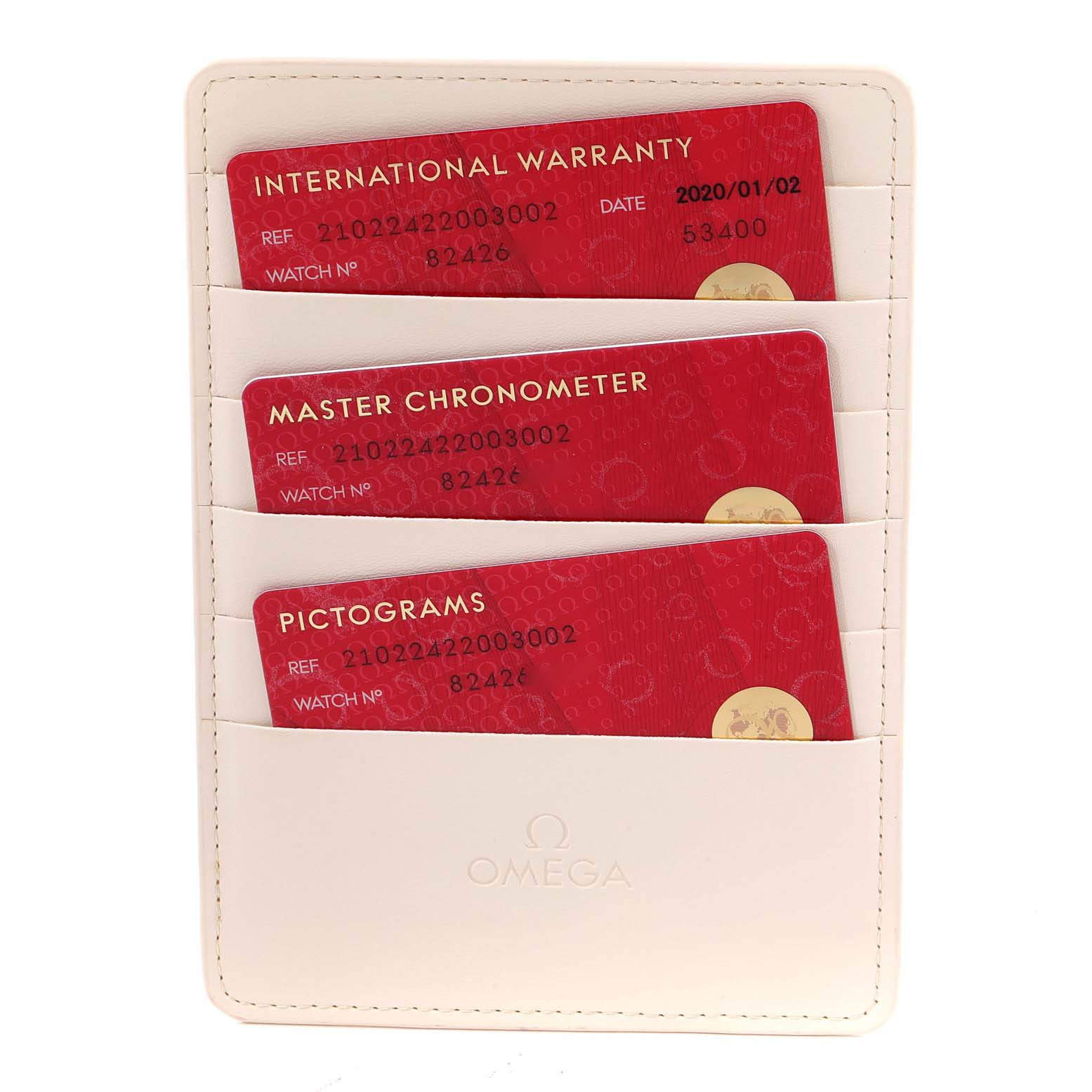 This image shows the warranty and certification cards for an Omega Seamaster 210.22.42.20.03.002 Men's Stainless Steel Blue Dial 210.22.42.20.03.002 Men's Stainless Steel Blue Dial watch, organized in a white leather card holder.