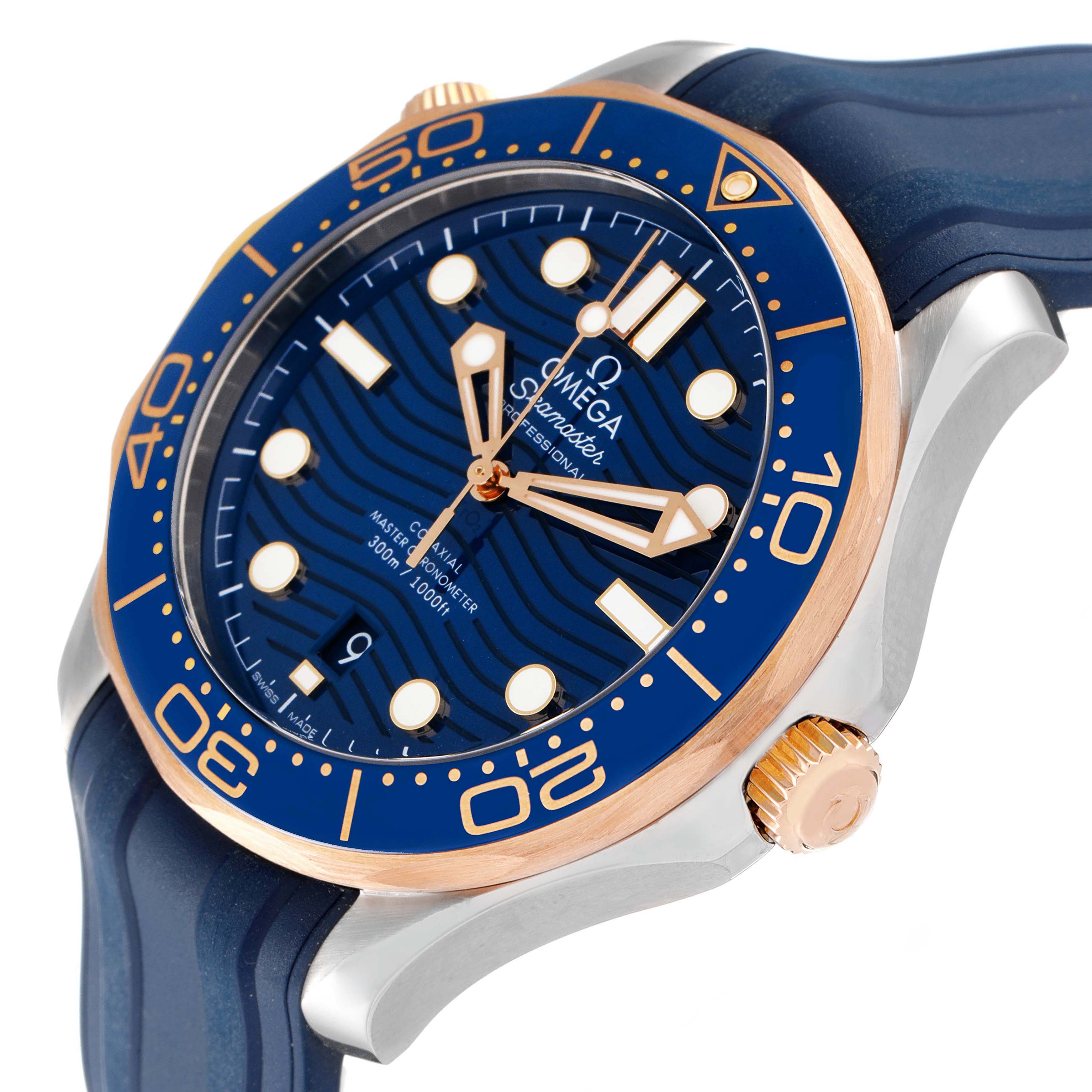 The image shows a close-up angled view of the Omega Seamaster 210.22.42.20.03.002 Men's Stainless Steel Blue Dial 210.22.42.20.03.002 Men's Stainless Steel Blue Dial watch, including its face, bezel, crown, and part of the strap.