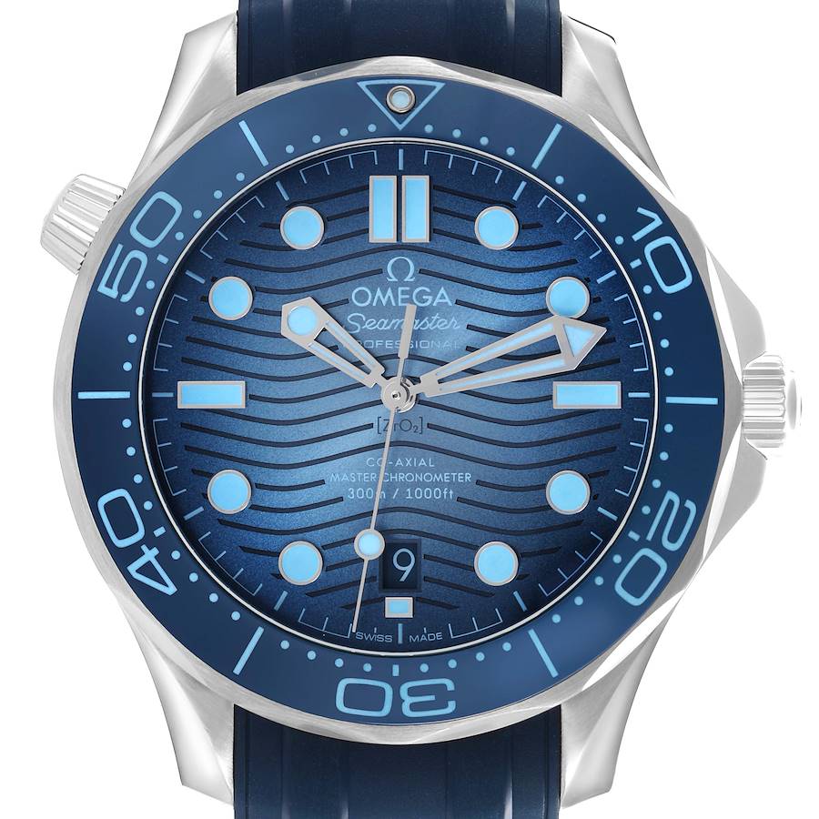 The Omega Seamaster watch is shown from the front, displaying the dial, bezel, hands, crown, and strap.