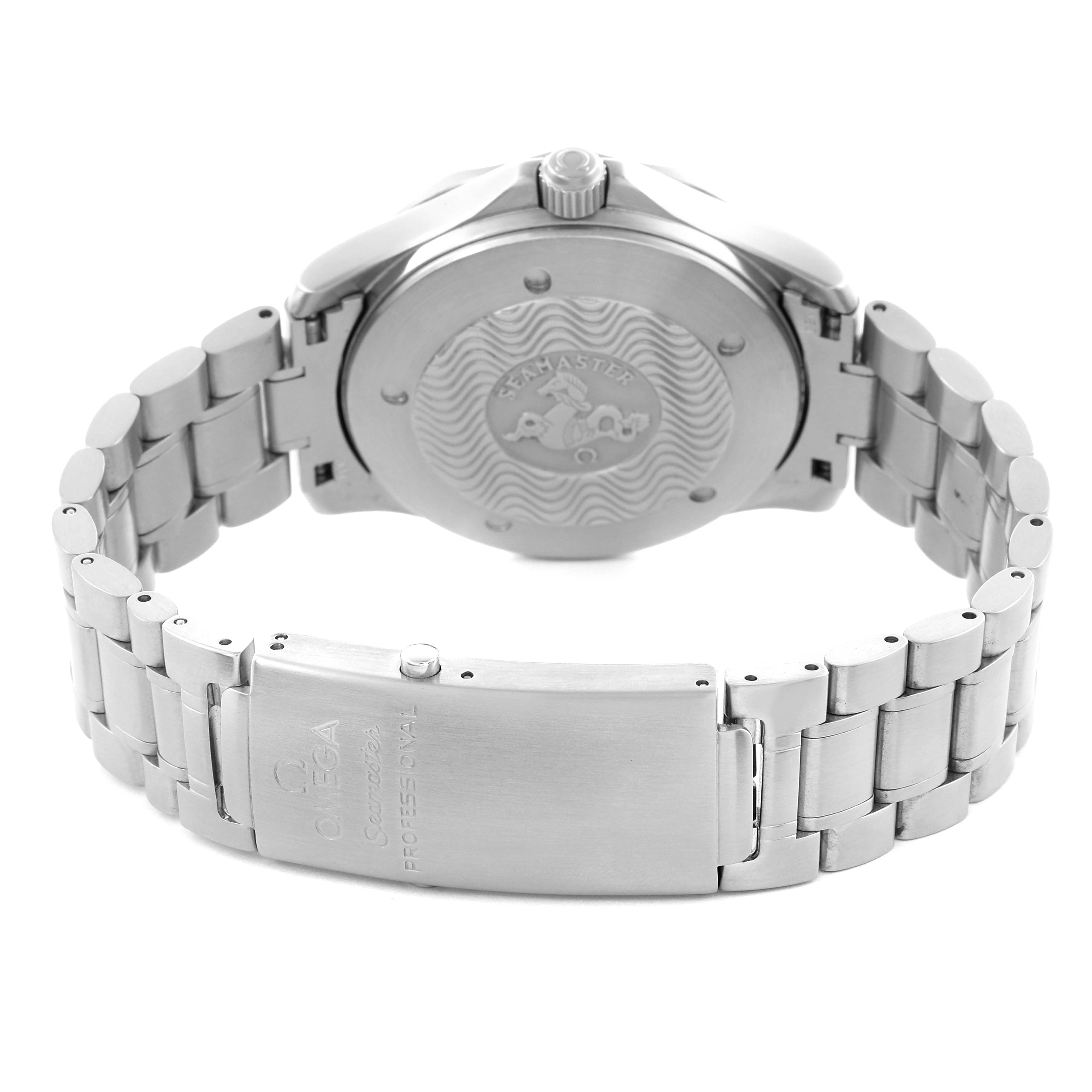 The image shows the back case and bracelet of an Omega Seamaster 2538.20.00 Men's Stainless Steel White Dial 2538.20.00 Men's Stainless Steel White Dial, highlighting its clasp and engraved case back.