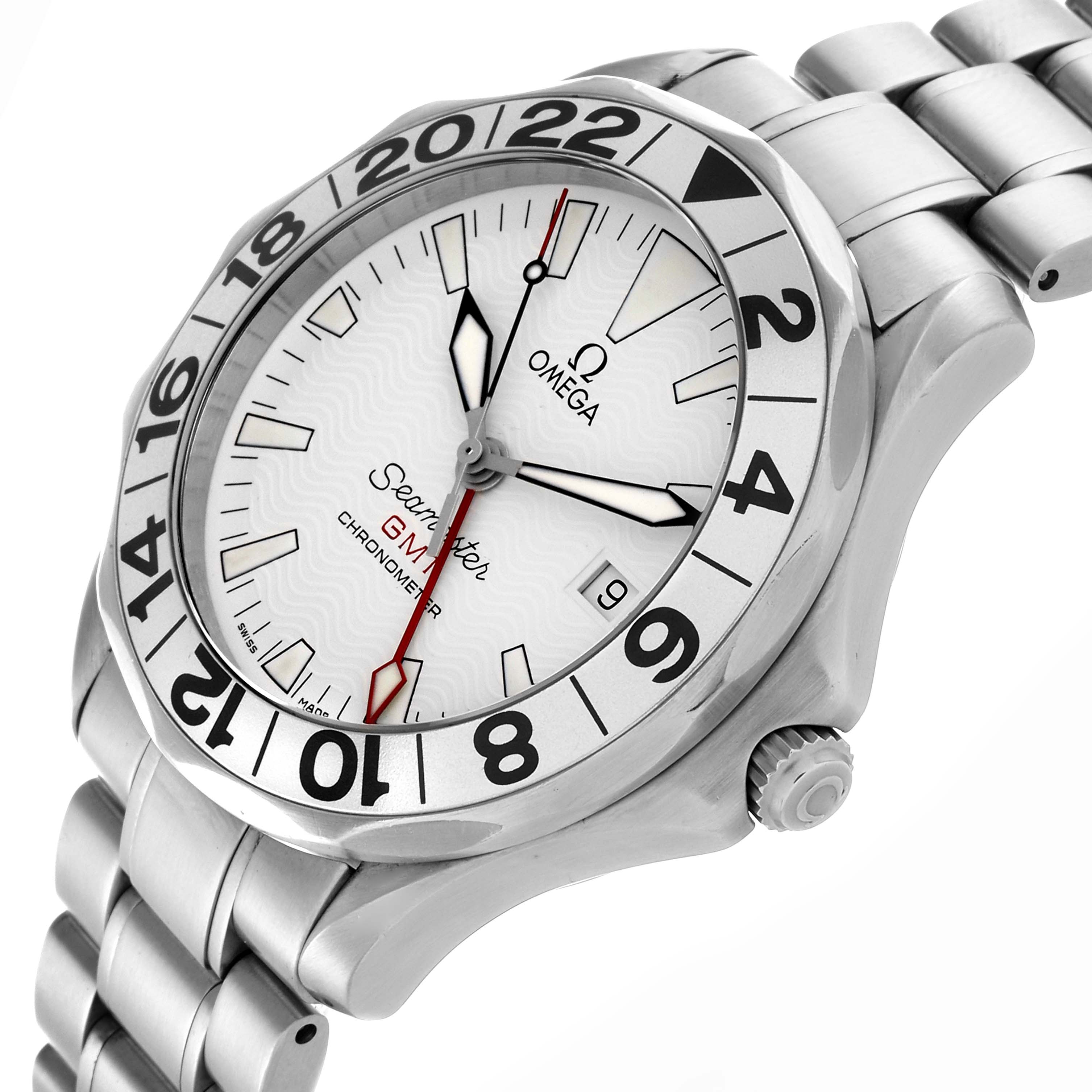 The Omega Seamaster 2538.20.00 Men's Stainless Steel White Dial 2538.20.00 Men's Stainless Steel White Dial watch is shown at a three-quarter angle, highlighting the face, bezel, crown, and bracelet.