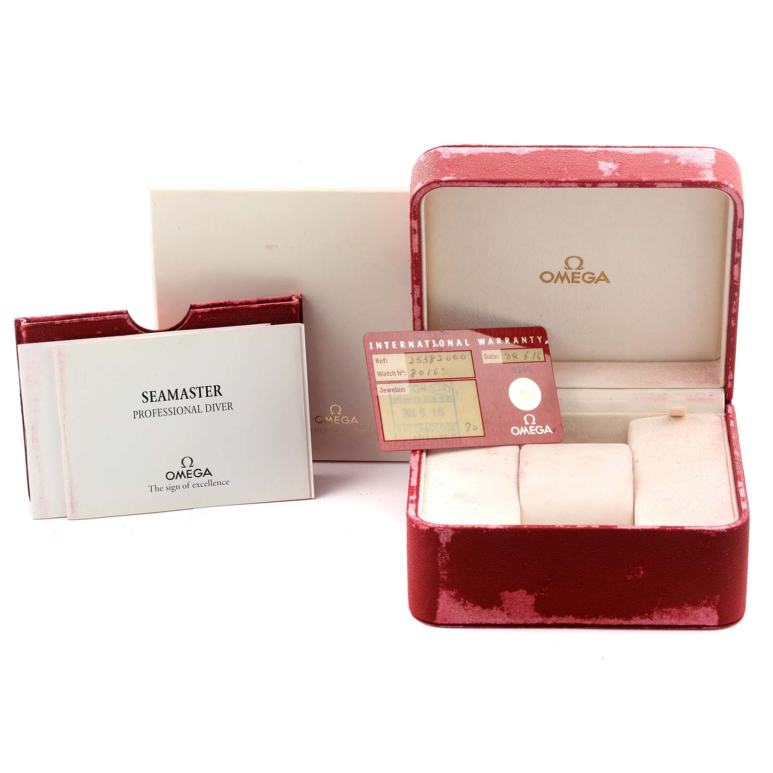 The image shows an Omega Seamaster 2538.20.00 Men's Stainless Steel White Dial 2538.20.00 Men's Stainless Steel White Dial watch box, instruction manual, and an international warranty card.