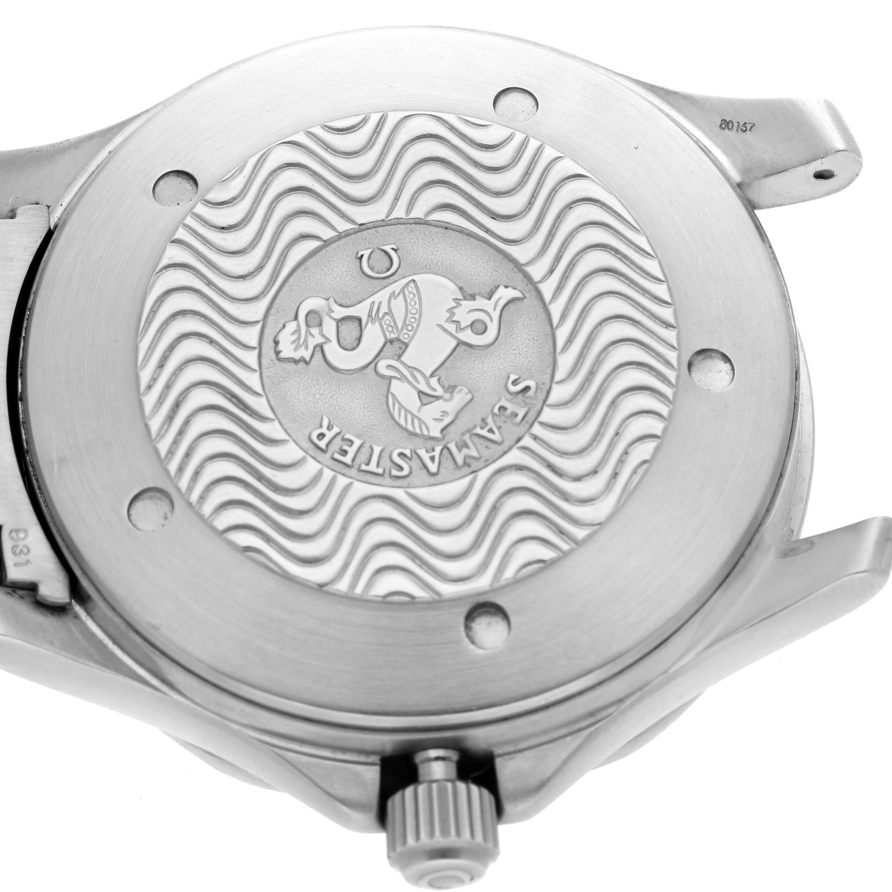The image shows the case back of an Omega Seamaster 2538.20.00 Men's Stainless Steel White Dial 2538.20.00 Men's Stainless Steel White Dial, featuring a wave pattern and the logo.