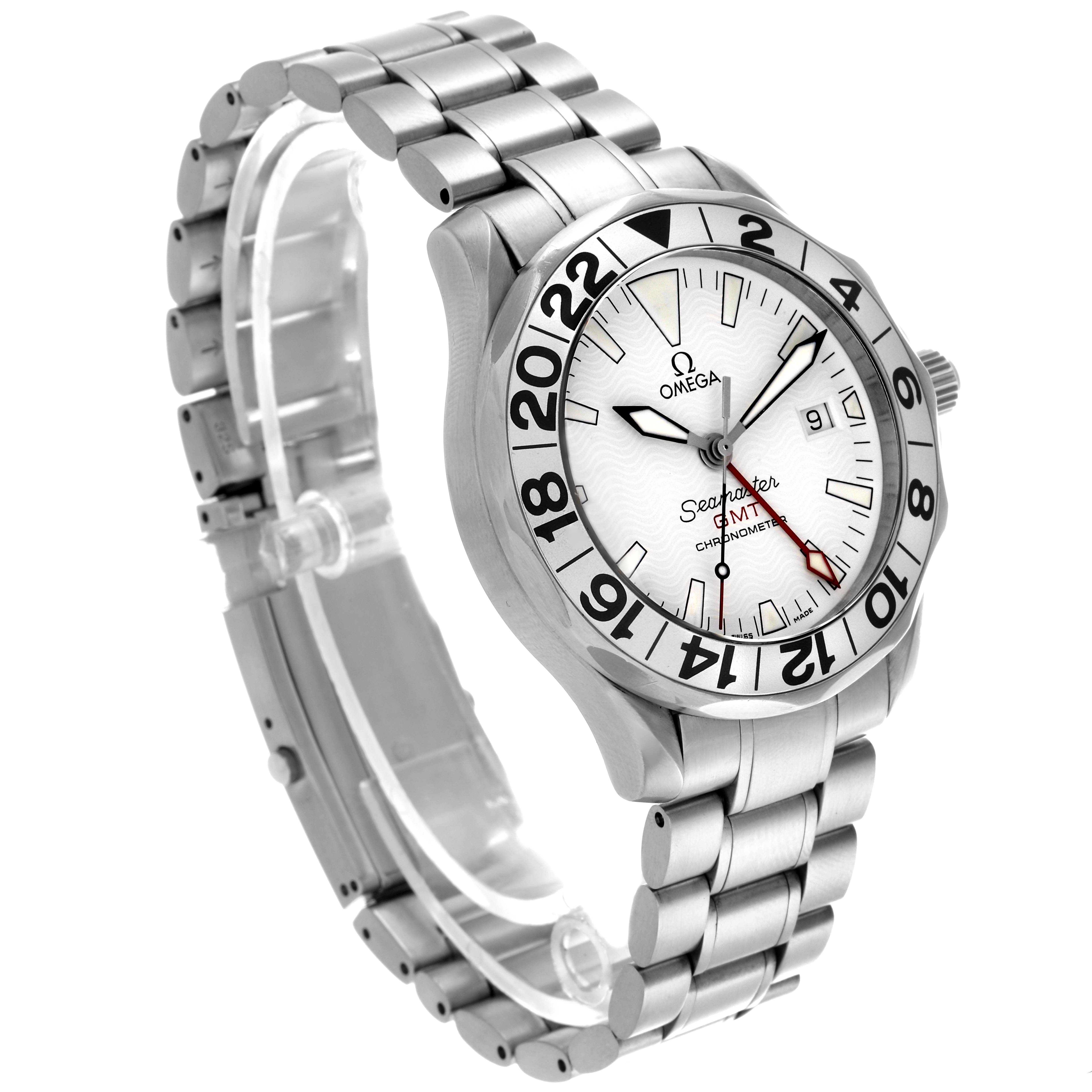 The Omega Seamaster 2538.20.00 Men's Stainless Steel White Dial 2538.20.00 Men's Stainless Steel White Dial watch is shown at a three-quarter angle, highlighting the face, bezel, crown, and bracelet.