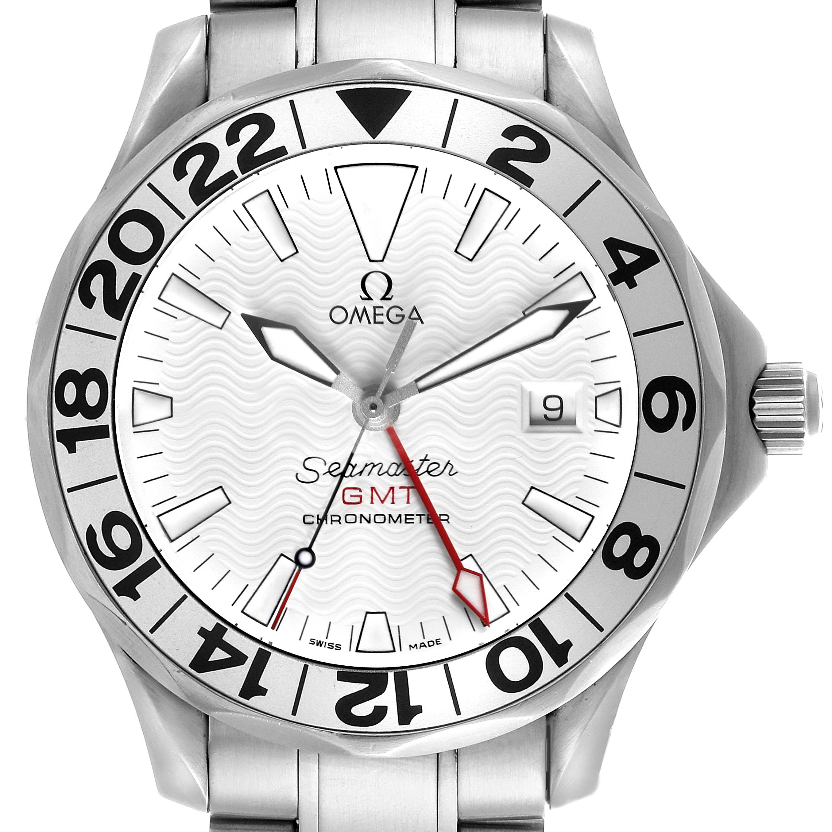 The Omega Seamaster 2538.20.00 Men's Stainless Steel White Dial 2538.20.00 Men's Stainless Steel White Dial GMT watch is shown from the front, displaying the dial, hands, bezel, and part of the bracelet.