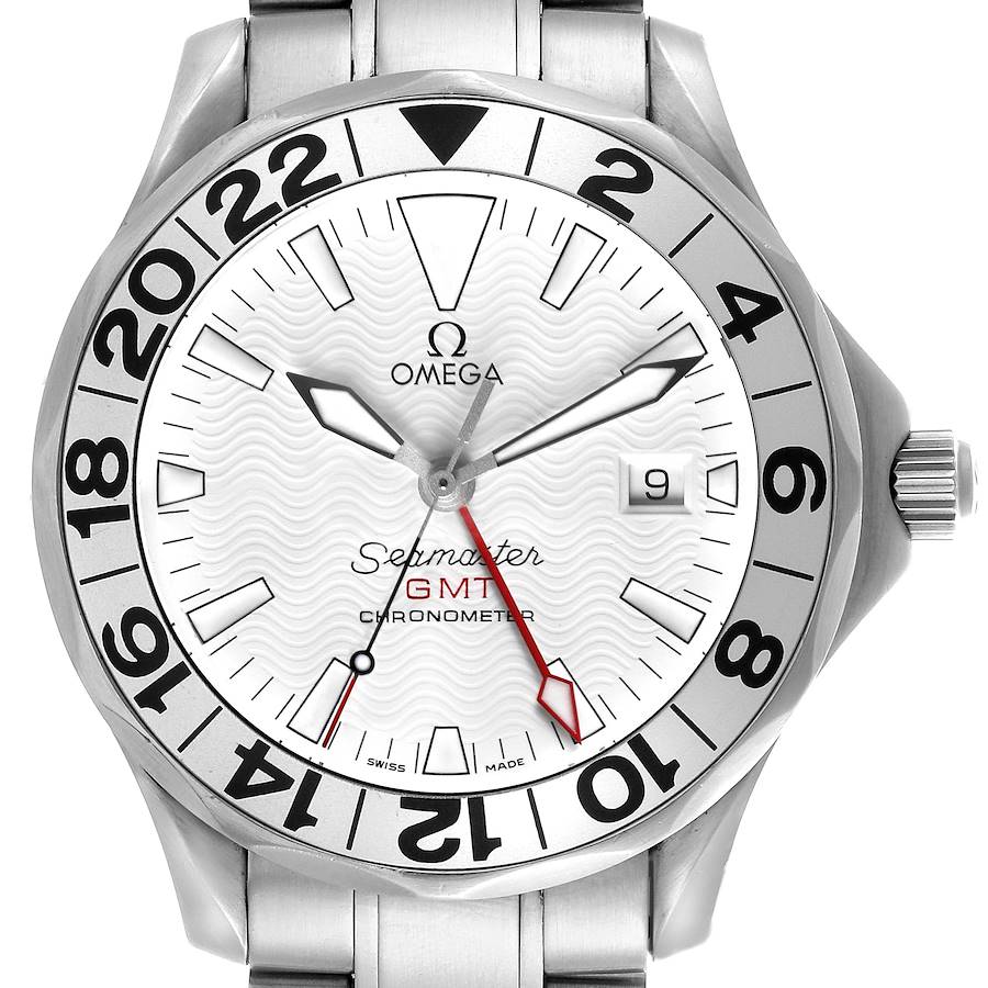 The Omega Seamaster GMT watch is shown from the front, displaying the dial, hands, bezel, and part of the bracelet.