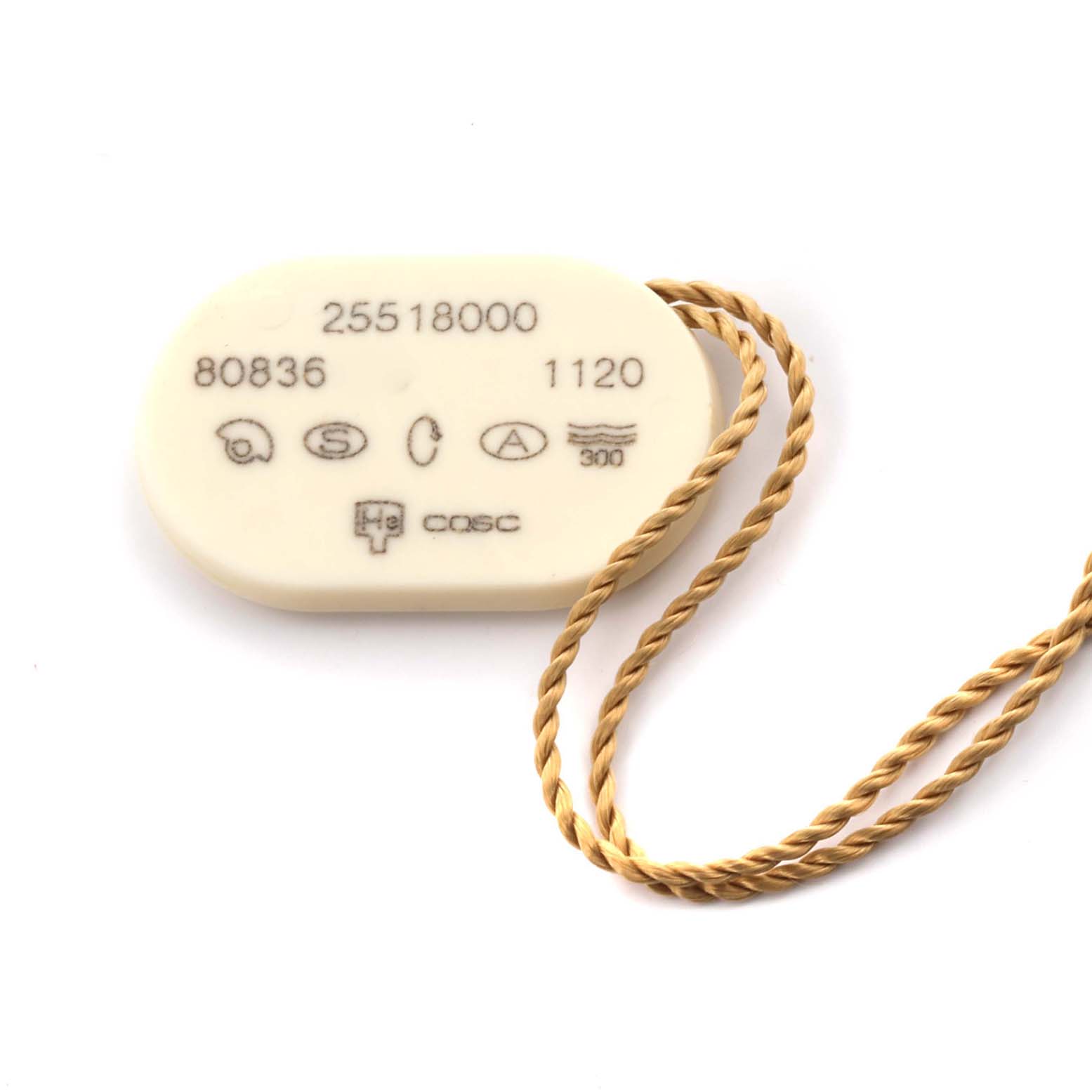 The image shows a tag with model numbers and certifications for the Omega Seamaster 2551.80.00 Men
s Stainless Steel Blue Dial 2551.80.00 Men
s Stainless Steel Blue Dial, attached with a twisted gold string.