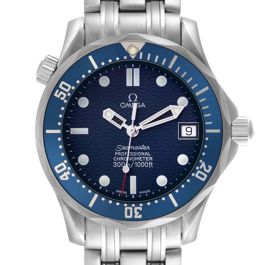 The Omega Seamaster watch is shown from the front, displaying the dial, bezel, crown, and part of the bracelet.