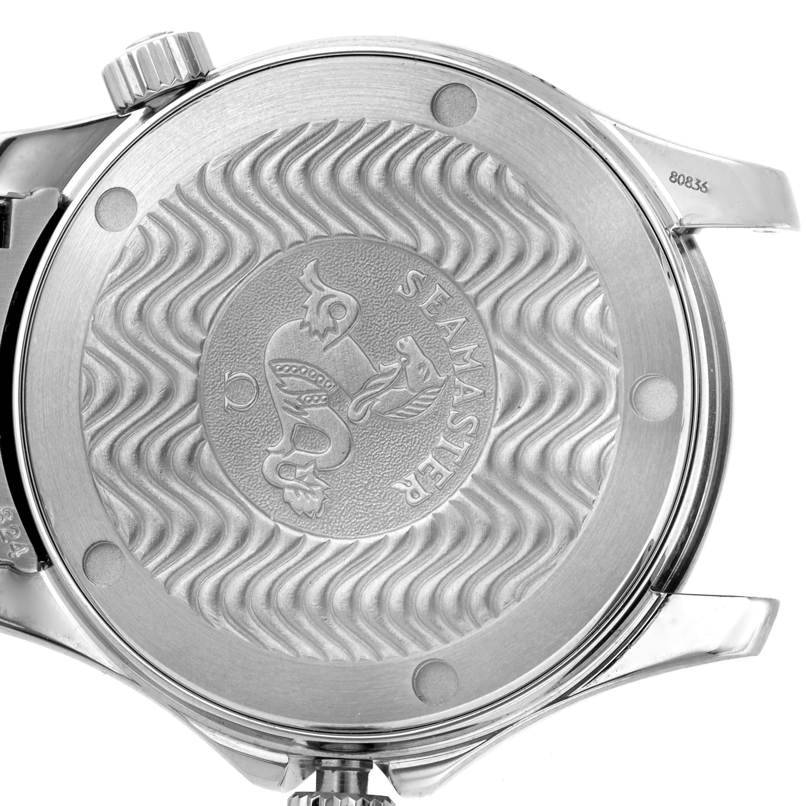 The image shows the case back of an Omega Seamaster 2551.80.00 Men
s Stainless Steel Blue Dial 2551.80.00 Men
s Stainless Steel Blue Dial, featuring the engraved logo design.