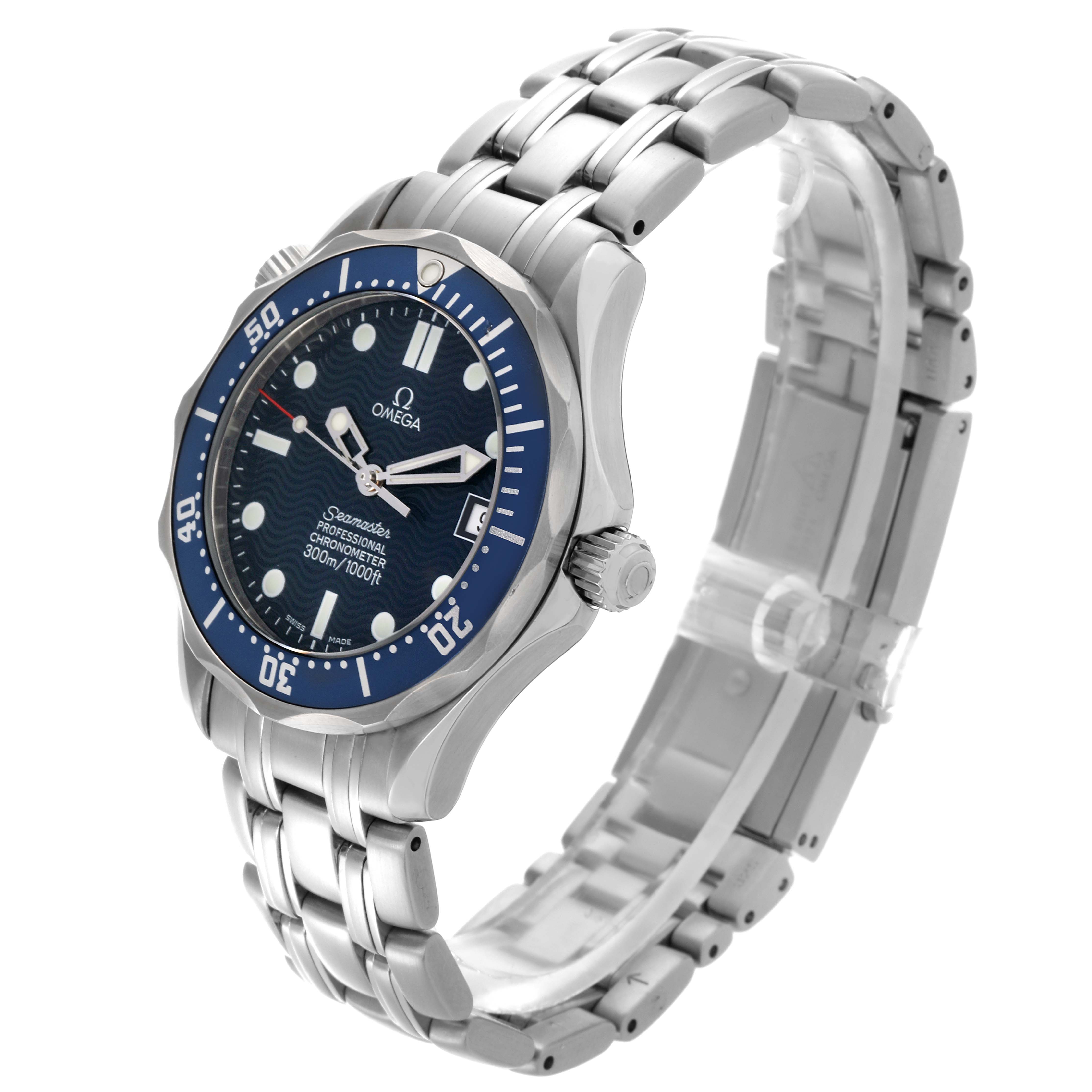 The Omega Seamaster 2551.80.00 Men
s Stainless Steel Blue Dial 2551.80.00 Men
s Stainless Steel Blue Dial watch is shown from a front angle, highlighting its blue face, bezel, and stainless steel bracelet.