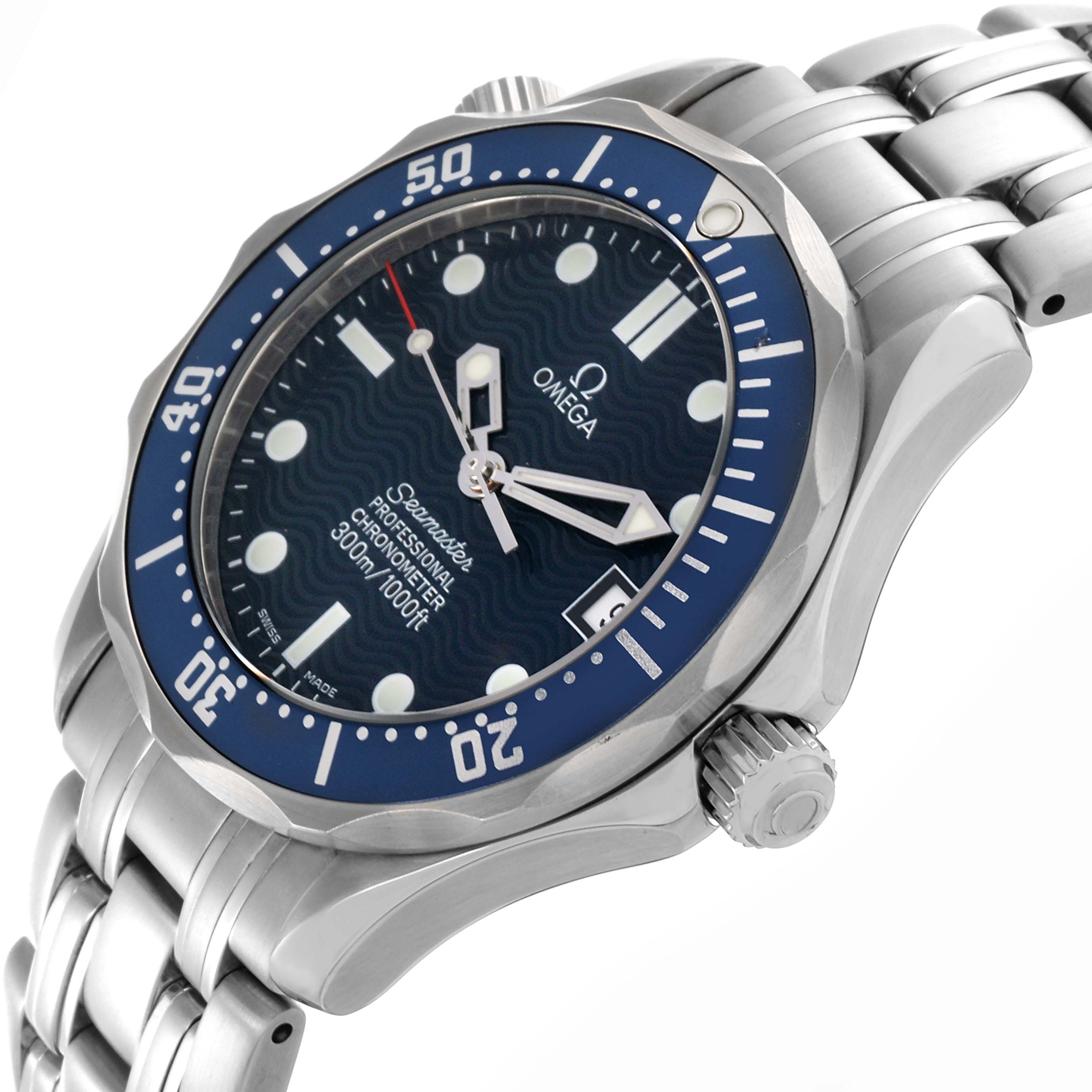The Omega Seamaster 2551.80.00 Men
s Stainless Steel Blue Dial 2551.80.00 Men
s Stainless Steel Blue Dial watch is shown at an angle displaying the face, bezel, crown, and part of the bracelet.