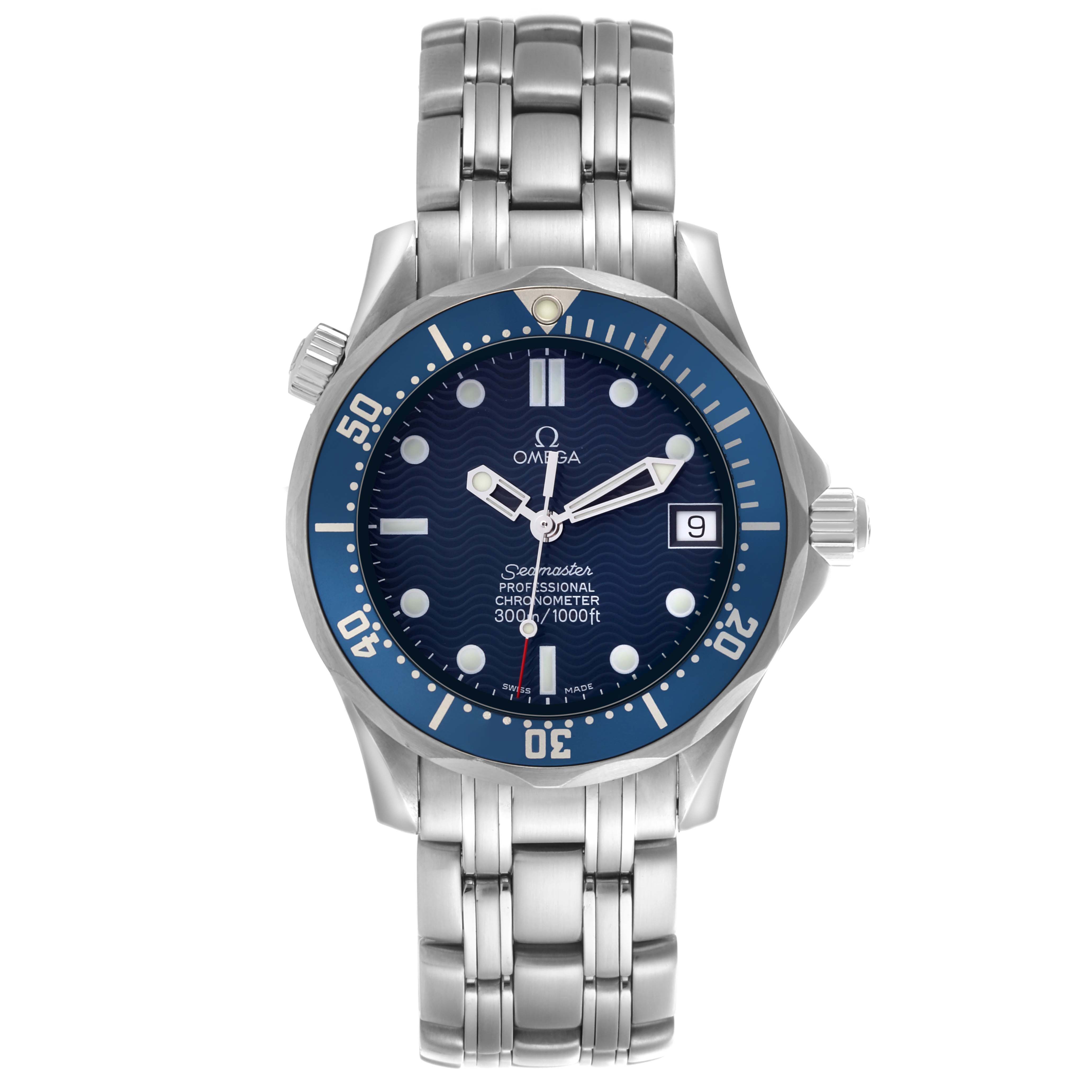 The Omega Seamaster 2551.80.00 Men
s Stainless Steel Blue Dial 2551.80.00 Men
s Stainless Steel Blue Dial watch is shown from a front angle, displaying the dial, bezel, bracelet, and crown.