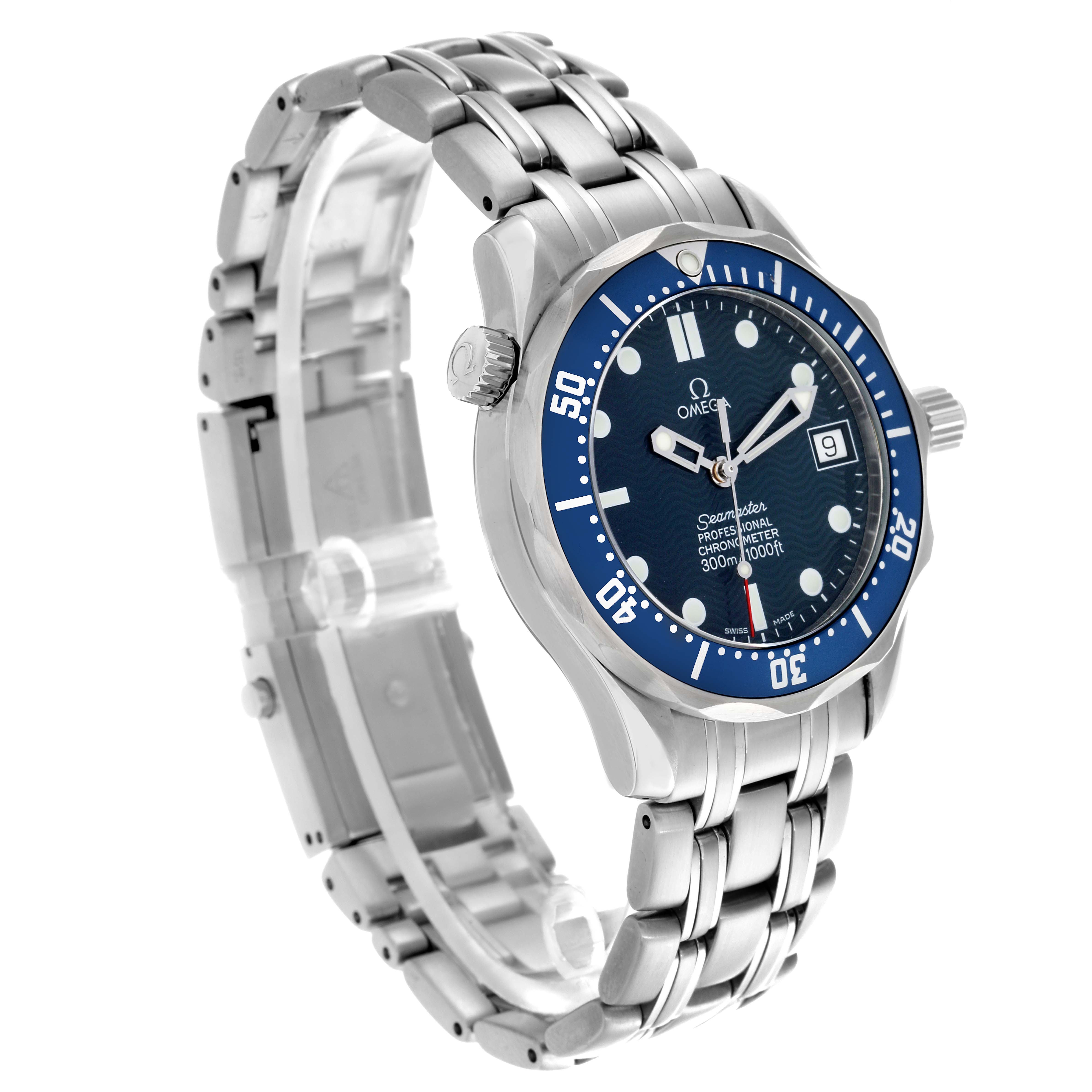 The Omega Seamaster 2551.80.00 Men
s Stainless Steel Blue Dial 2551.80.00 Men
s Stainless Steel Blue Dial watch is shown at a three-quarter angle, highlighting the blue dial, bezel, and stainless steel bracelet.