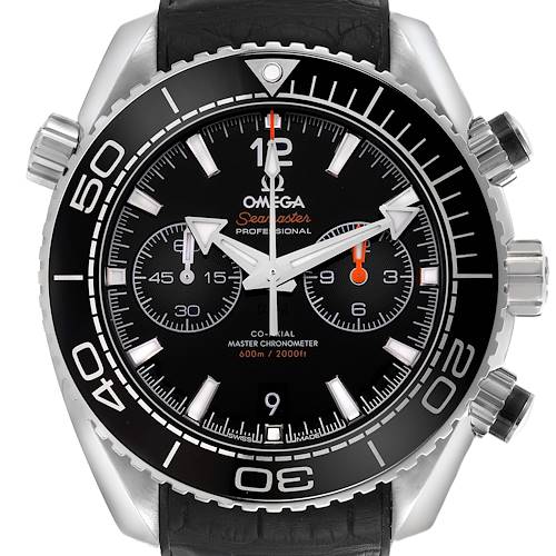 The Omega Planet Ocean watch is shown from a front angle highlighting the bezel, dial, hands, and subdials.