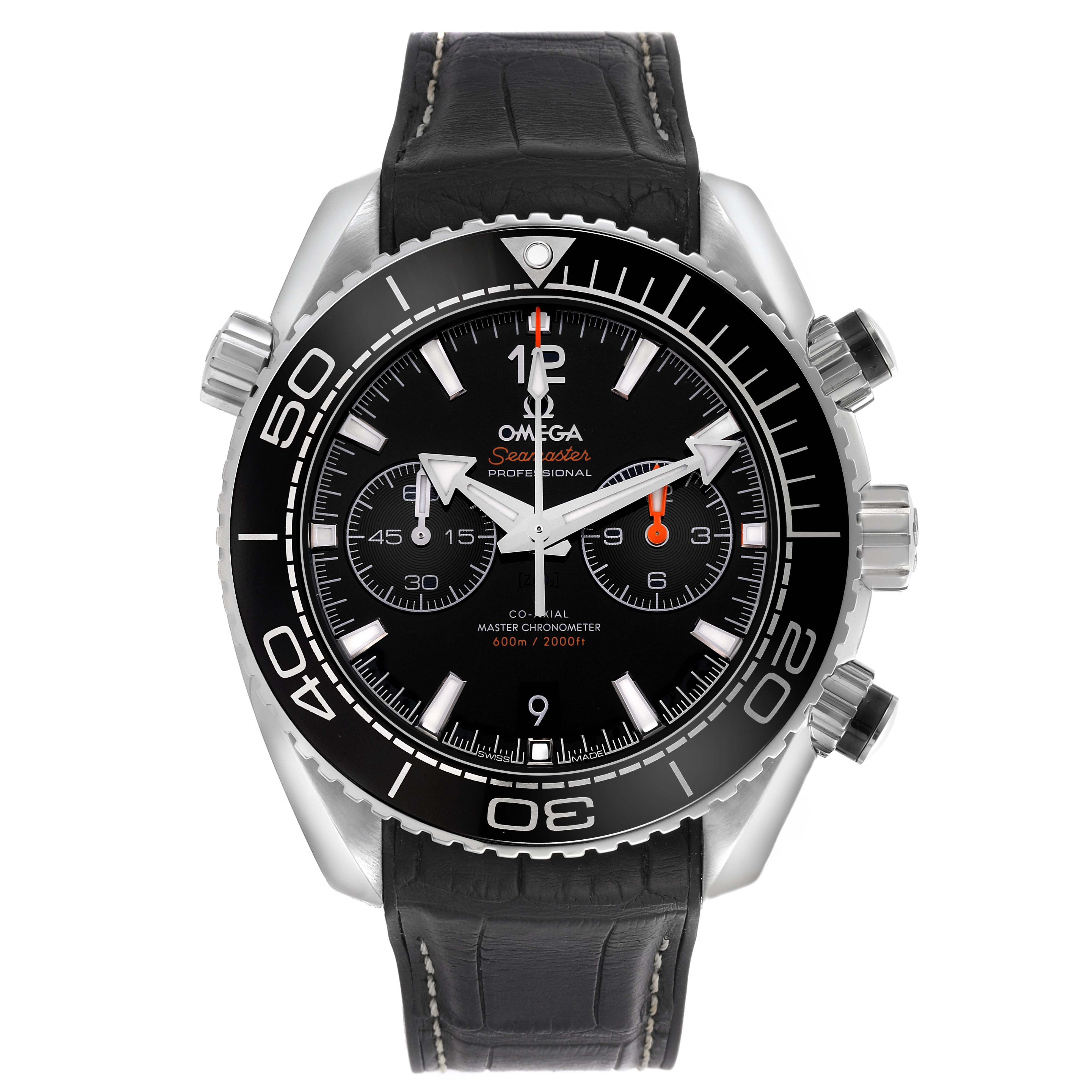 The Omega Planet Ocean 215.33.46.51.01.001 Men's Stainless Steel Black Dial watch is shown from the front, featuring its bezel, dial, and chronograph pushers.