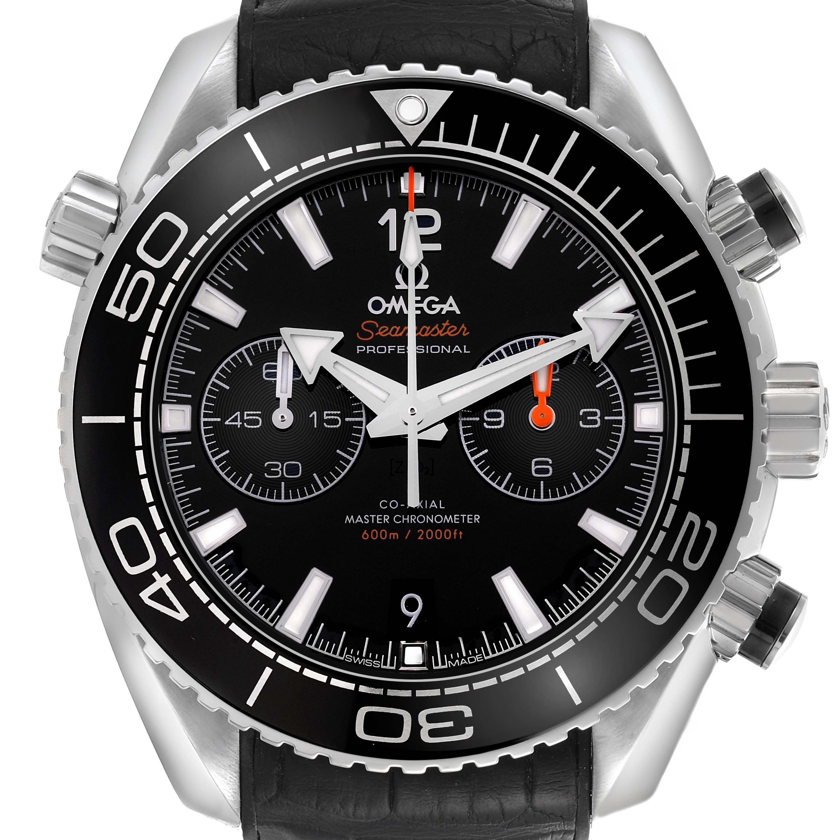 The Omega Planet Ocean 215.33.46.51.01.001 Men's Stainless Steel Black Dial watch is shown from the front, displaying the bezel, dial, and chronograph subdials.