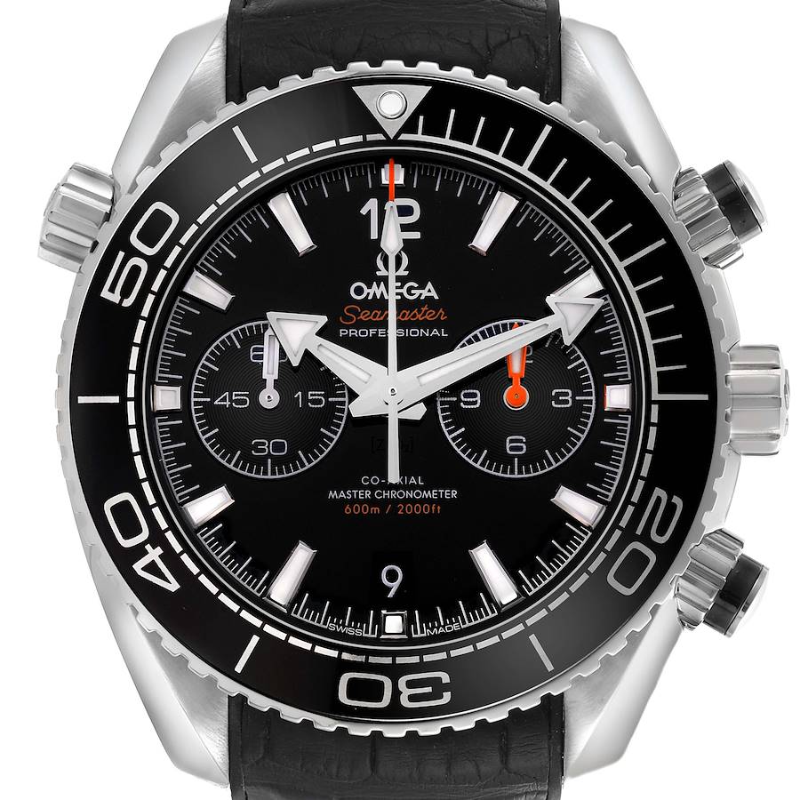 The Omega Planet Ocean watch is shown from a front angle, highlighting the bezel, crown, and chronograph subdials.