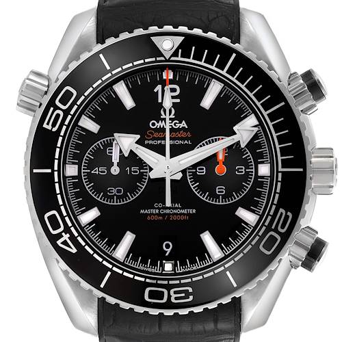 The Omega Planet Ocean 215.33.46.51.01.001 Men's Stainless Steel Black Dial watch is shown from the front, highlighting the dial, bezel, and crown.