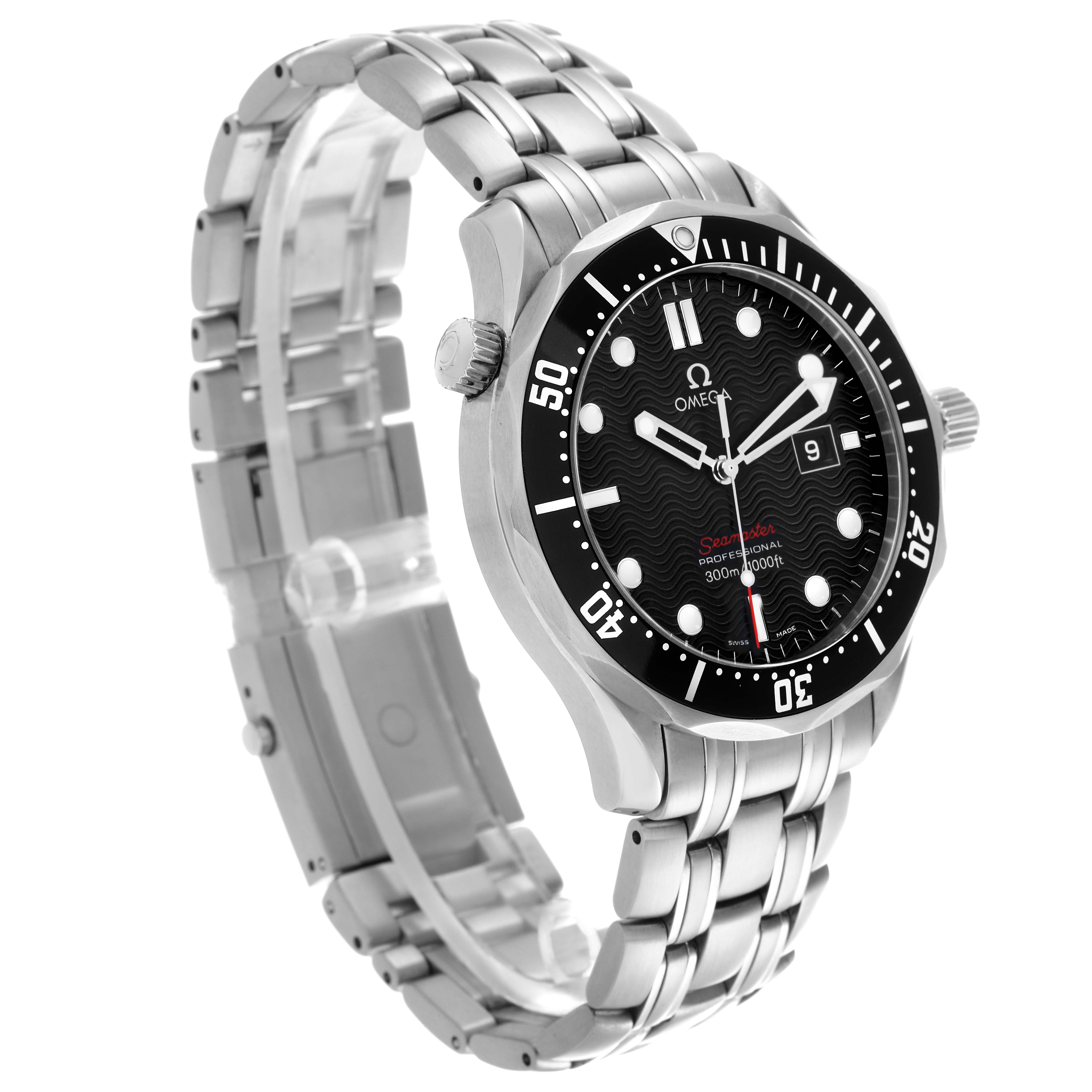 The Omega Seamaster 212.30.41.61.01.001 Men
s Stainless Steel Black Dial 212.30.41.61.01.001 Men
s Stainless Steel Black Dial is shown from a front-left angle, highlighting the face, bezel, and stainless steel bracelet.