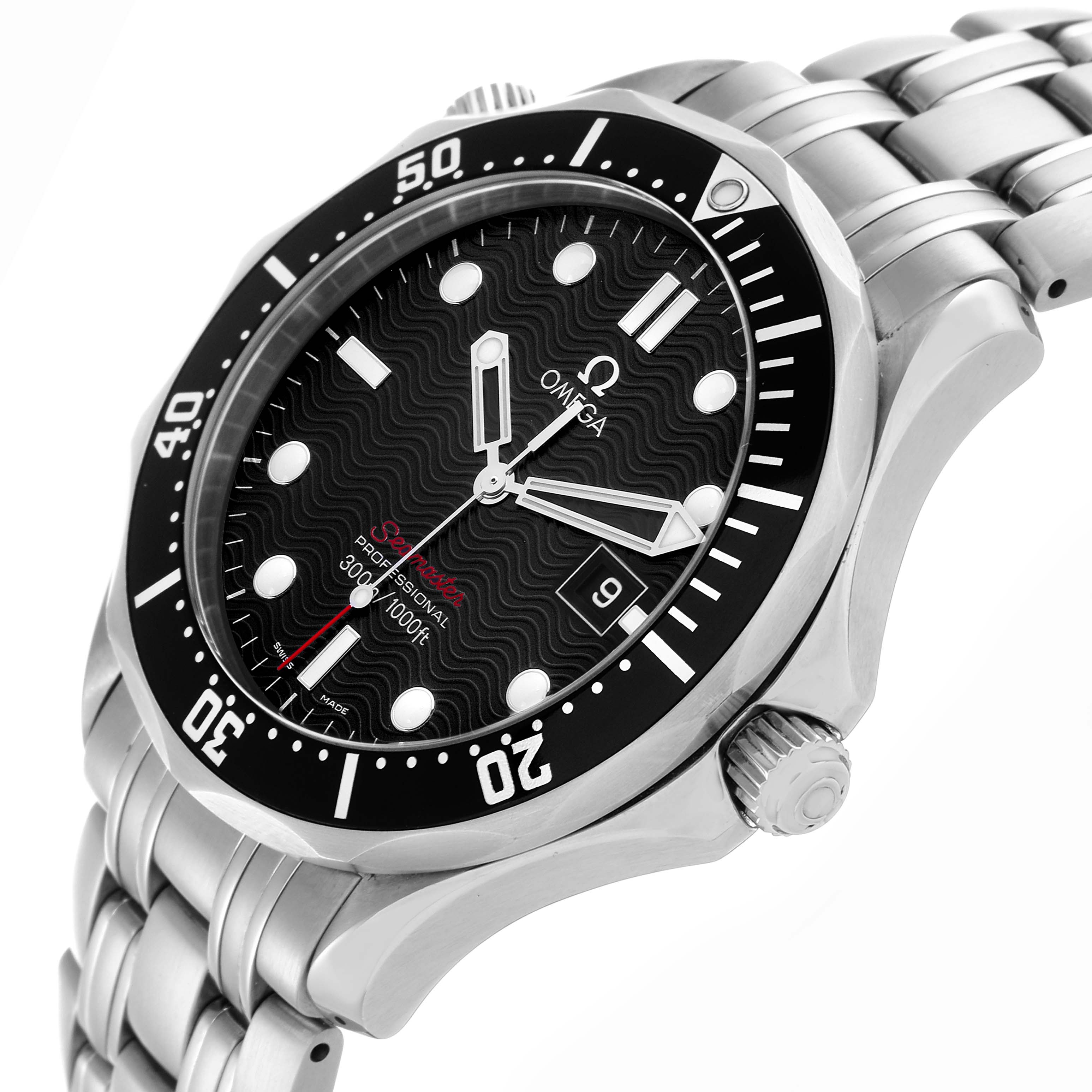 The Omega Seamaster 212.30.41.61.01.001 Men
s Stainless Steel Black Dial 212.30.41.61.01.001 Men
s Stainless Steel Black Dial watch is shown at an angle displaying its face, bezel, crown, and stainless steel bracelet.