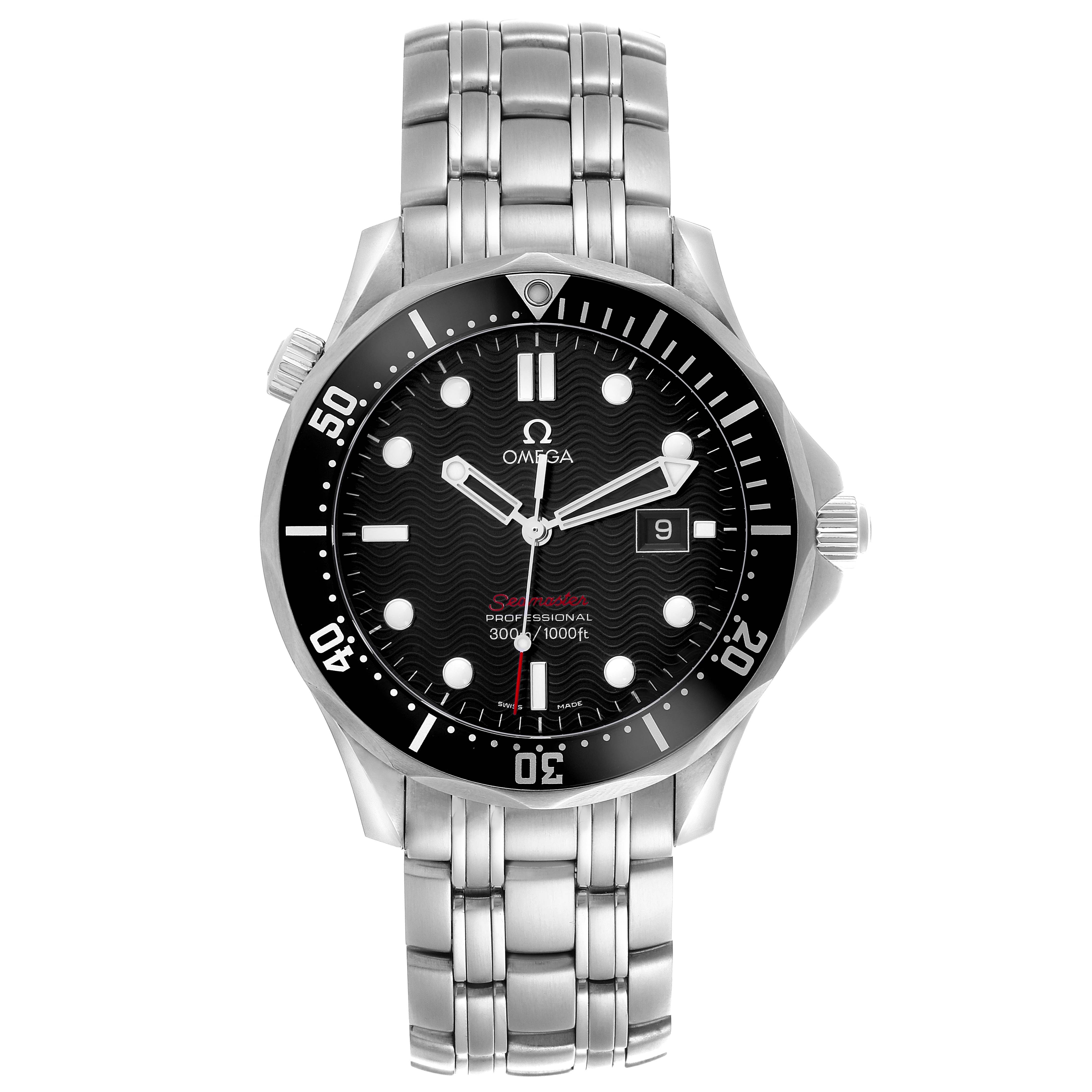 The image shows an Omega Seamaster 212.30.41.61.01.001 Men
s Stainless Steel Black Dial 212.30.41.61.01.001 Men
s Stainless Steel Black Dial watch from a top-down angle, displaying the dial, bezel, bracelet, and crown.