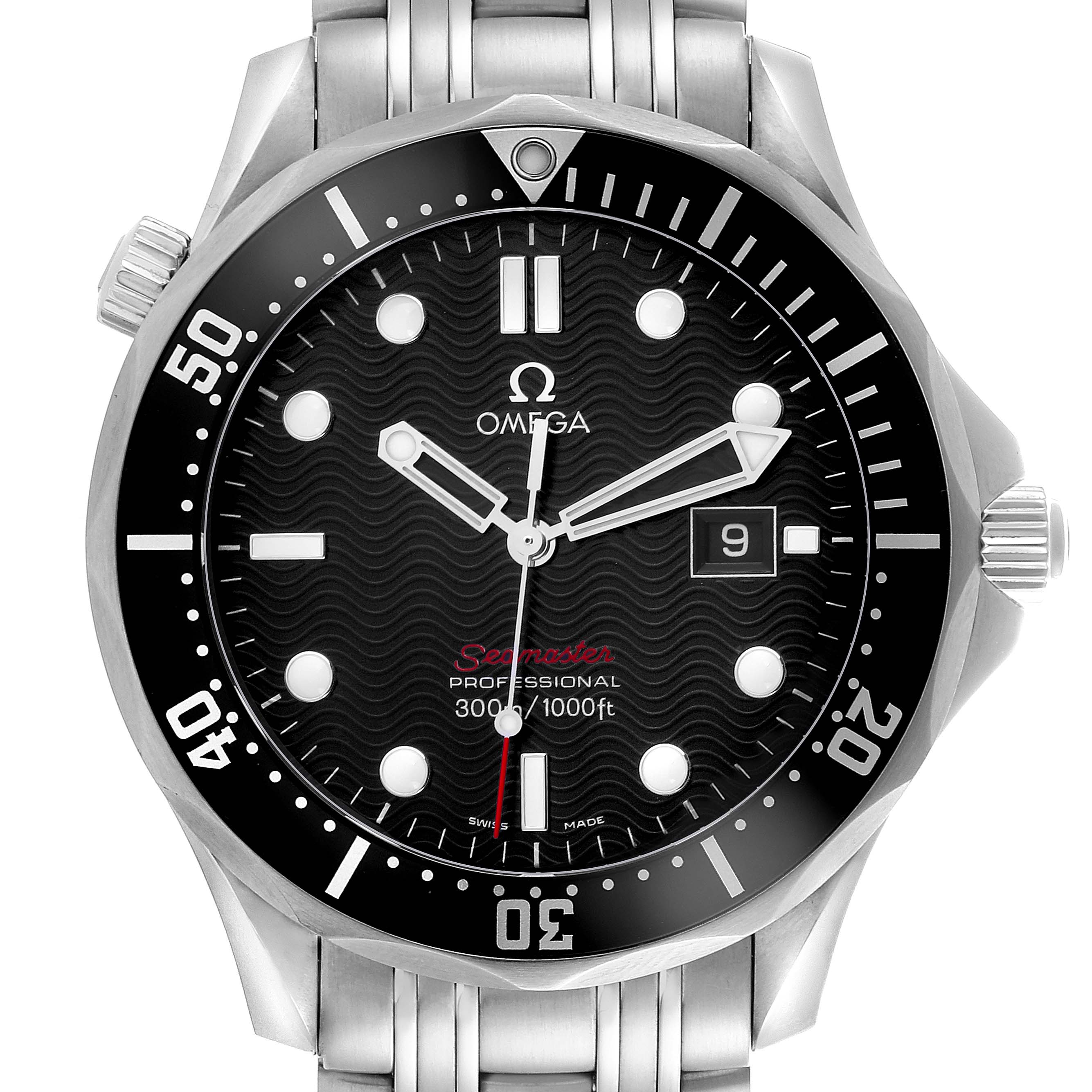 The Omega Seamaster 212.30.41.61.01.001 Men
s Stainless Steel Black Dial 212.30.41.61.01.001 Men
s Stainless Steel Black Dial watch is shown from a frontal angle, highlighting the dial, bezel, and bracelet.